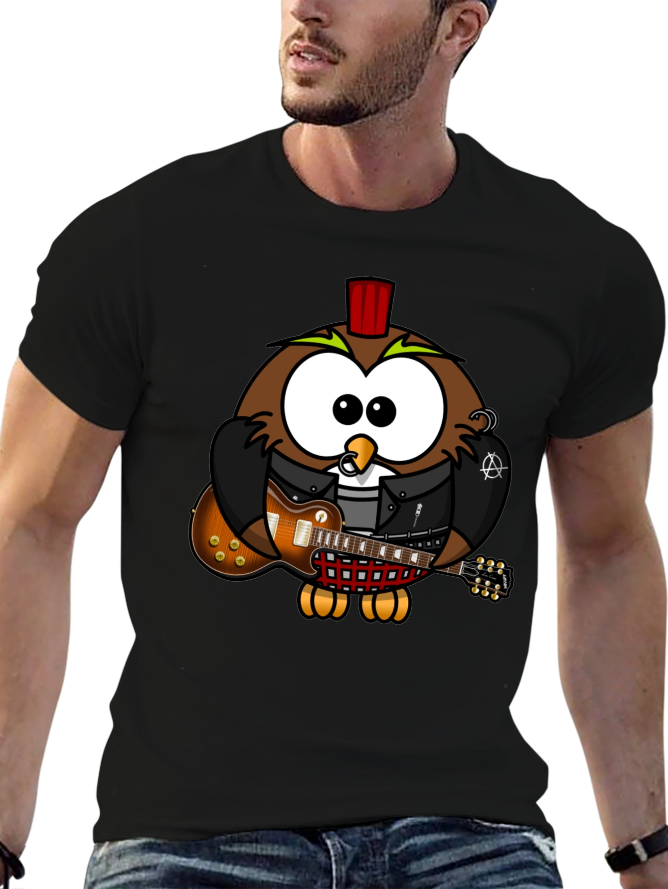 Black Cool Owl Guitarist Graphic T-Shirt view 6