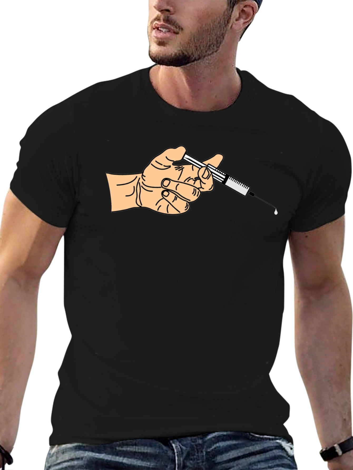 Black Hand Holding Syringe Graphic Tee - Unisex Black T-Shirt view 6