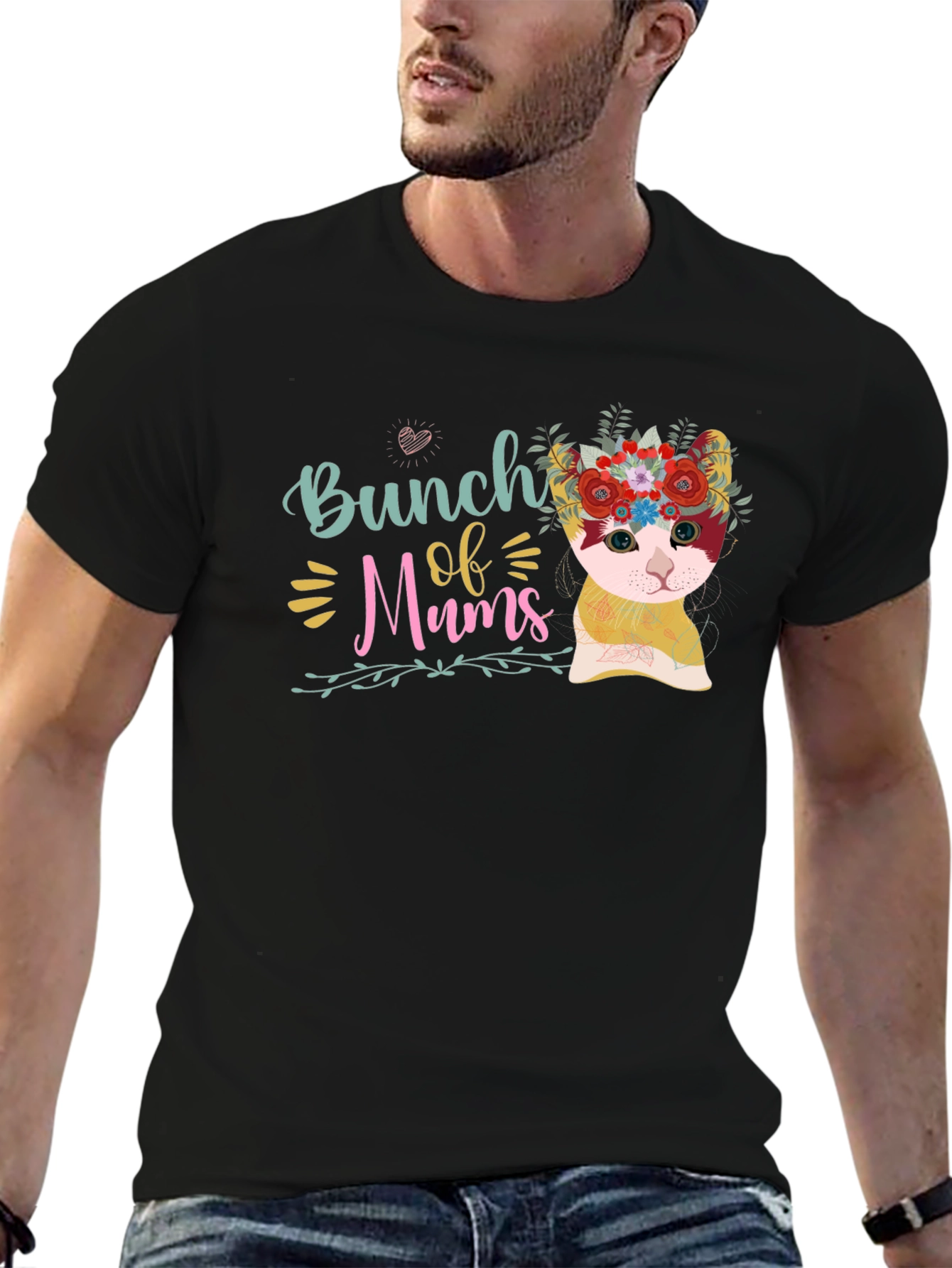 Black Bunch of Mums Floral Cat T-Shirt view 6
