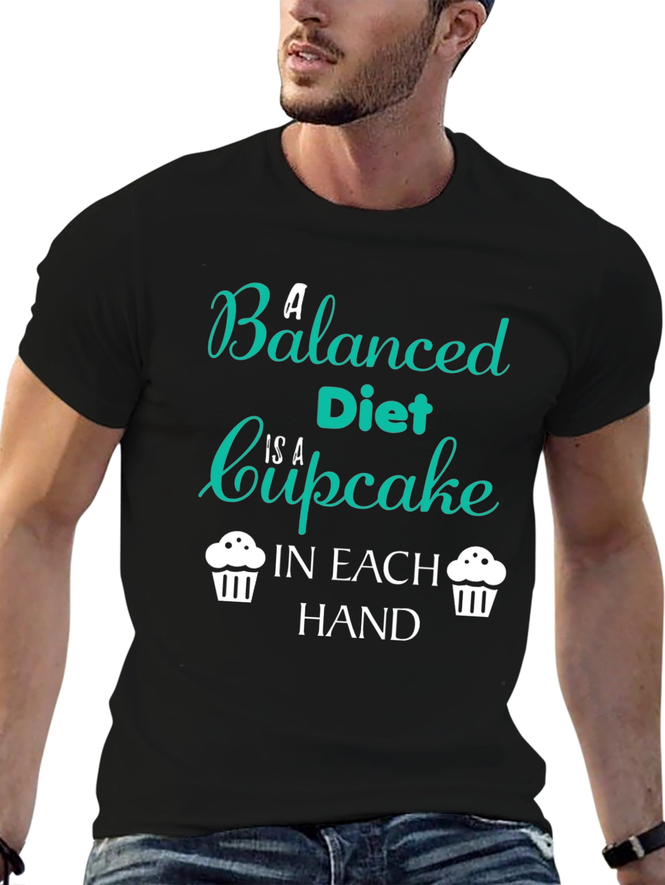 Black Funny Balanced Diet Cupcake T-Shirt view 6