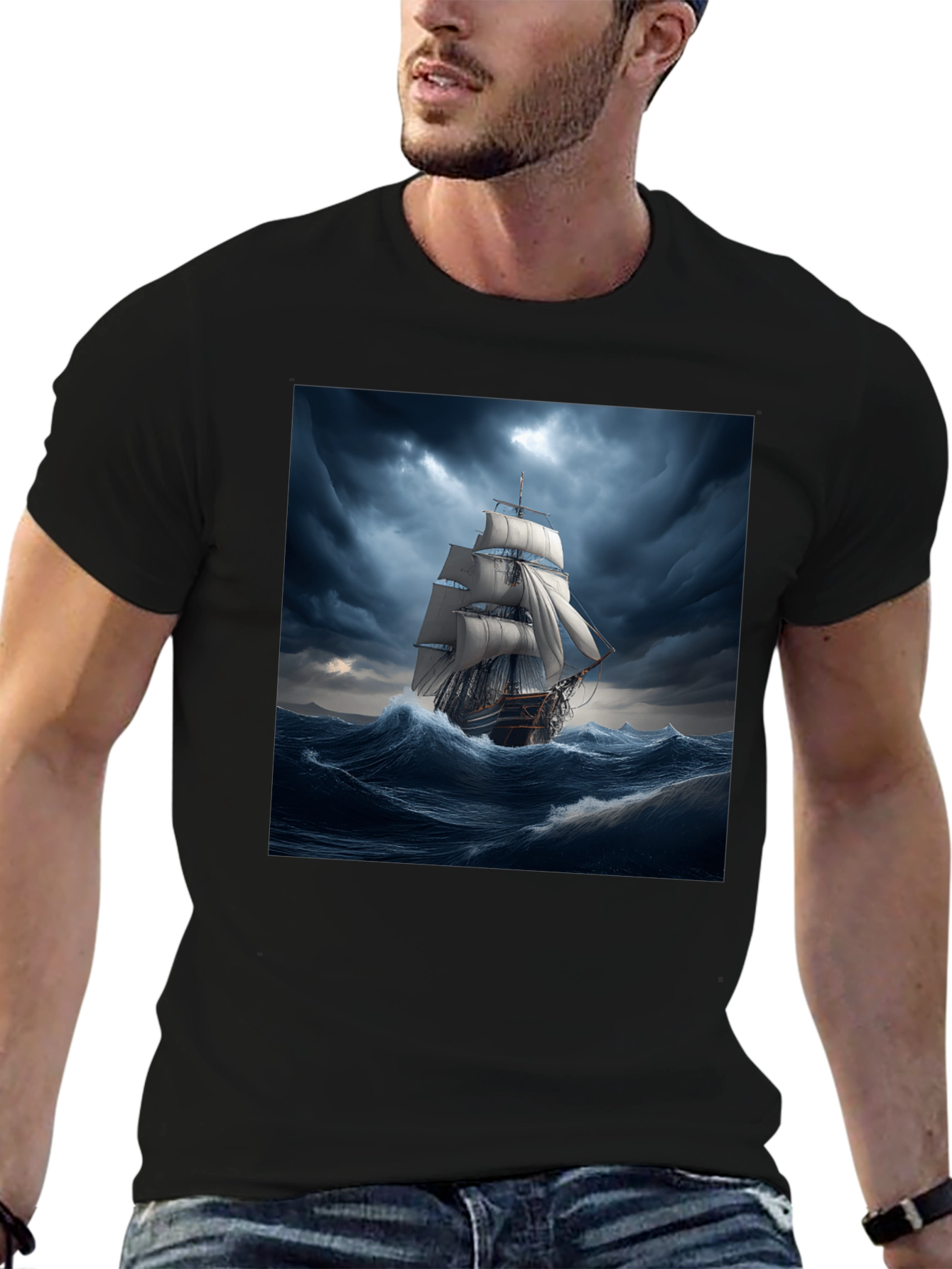 Black Nautical Storm Ship Graphic Tee - Black Cotton Blend view 6