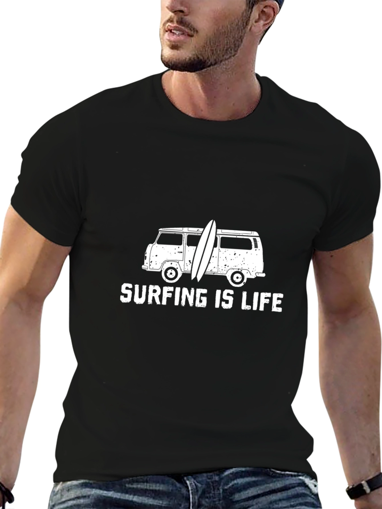 Black Surfing is Life T-Shirt - Black Tee with Vintage Van Graphic view 6
