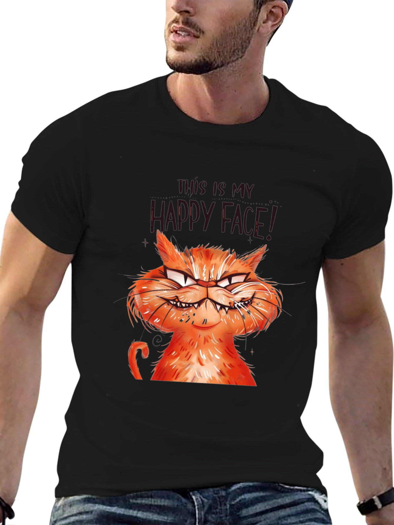 Black Grumpy Cat Graphic Tee - Happy Face T-Shirt view 6