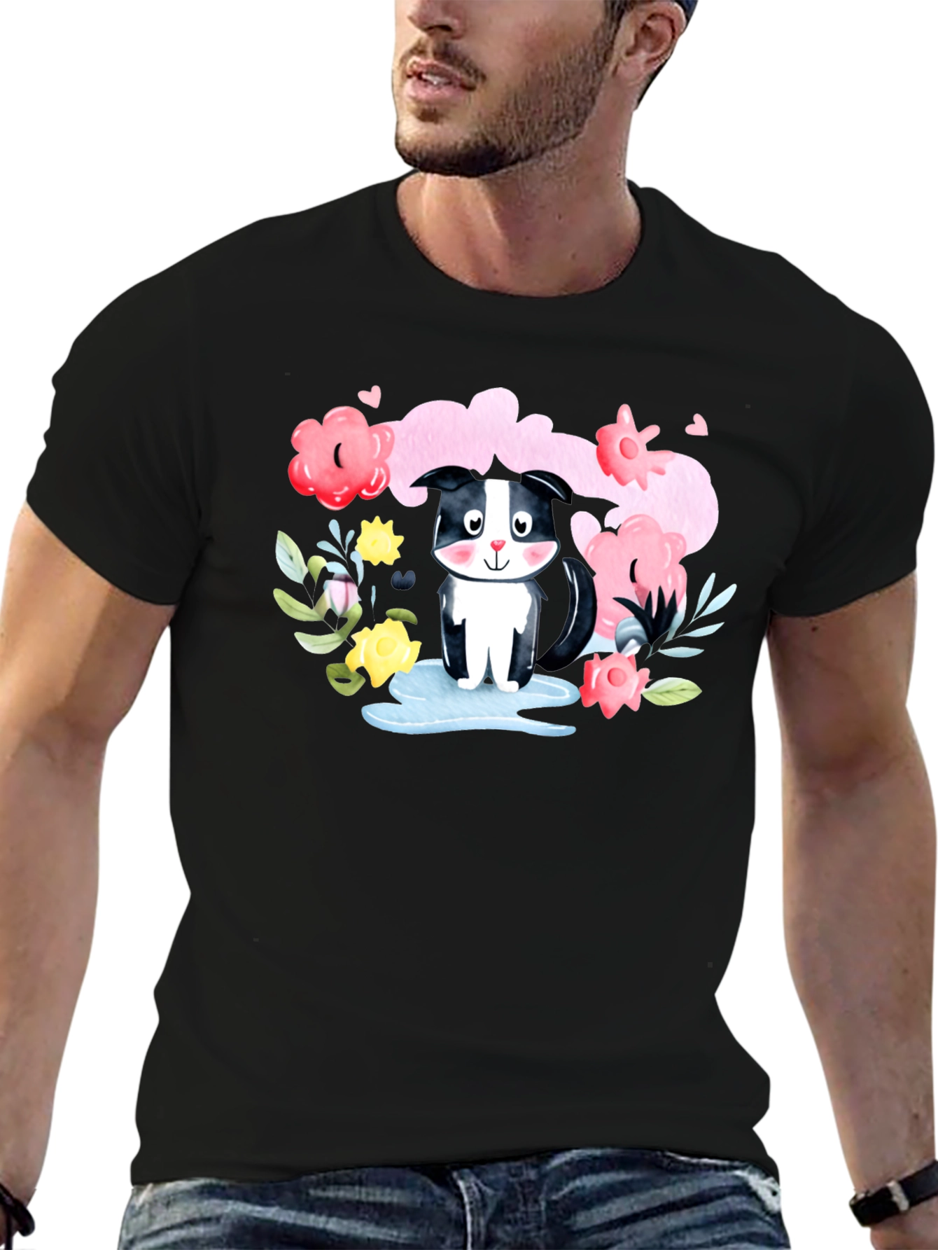 Black Cute Skunk in Watercolor Floral T-Shirt view 6