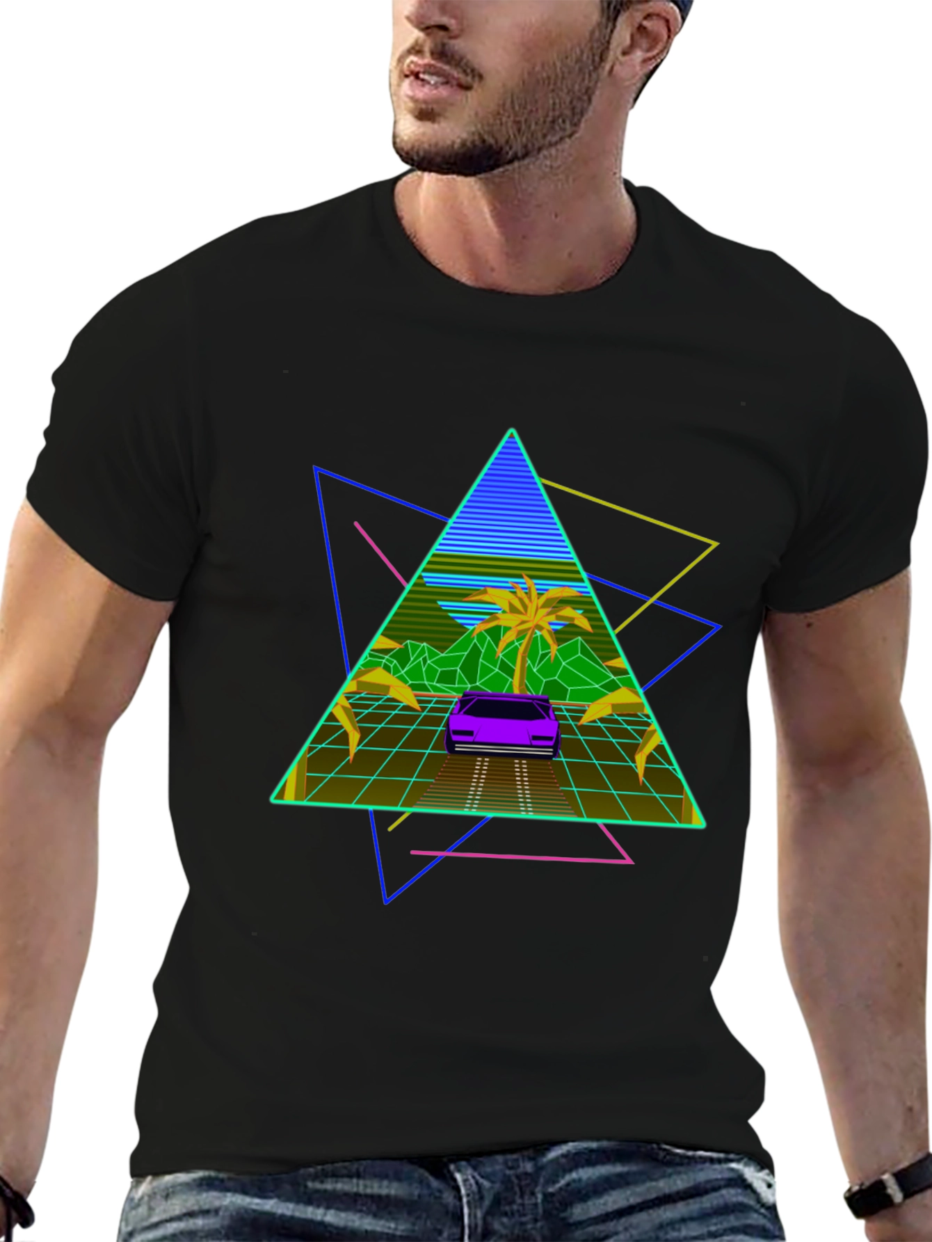 Black Retro Wave T-Shirt: 80s Style Car & Triangle Design view 6