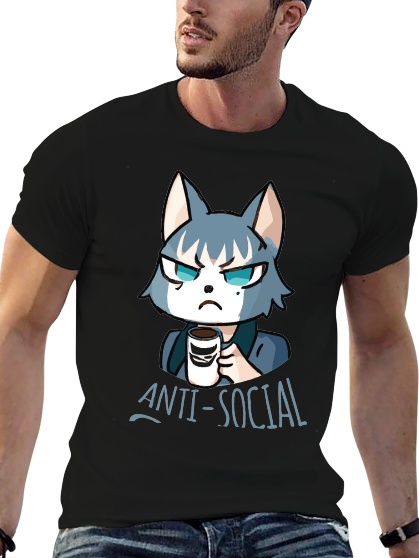 Black Anti-Social Wolf Graphic Tee - Coffee Lover T-Shirt view 6