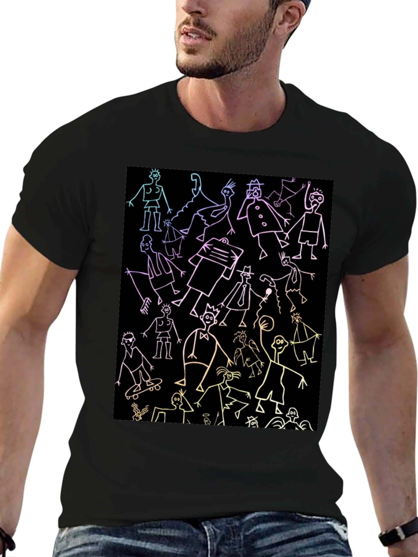 Black Doodle People Graphic Black T-Shirt view 6