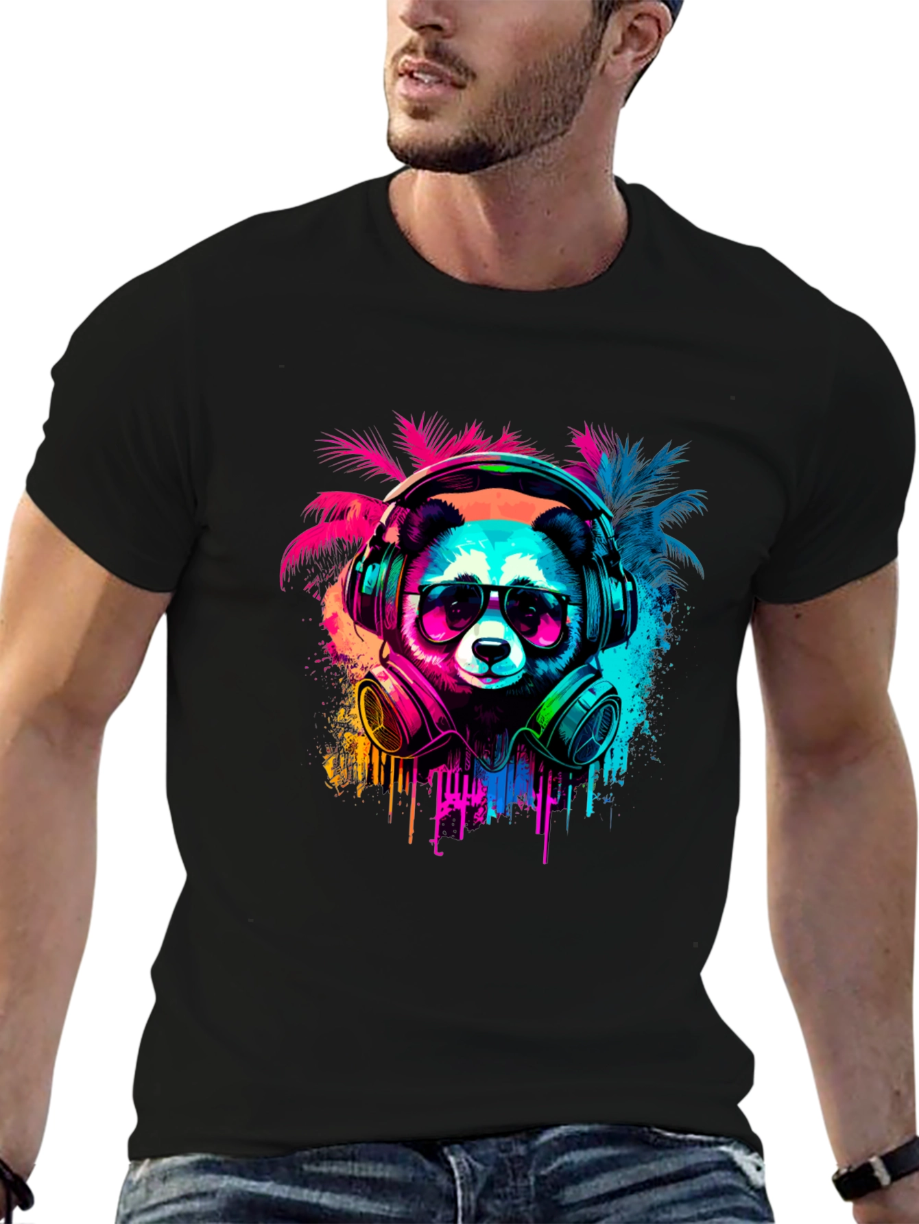 Black Neon Panda Headphones Graphic Tee view 6
