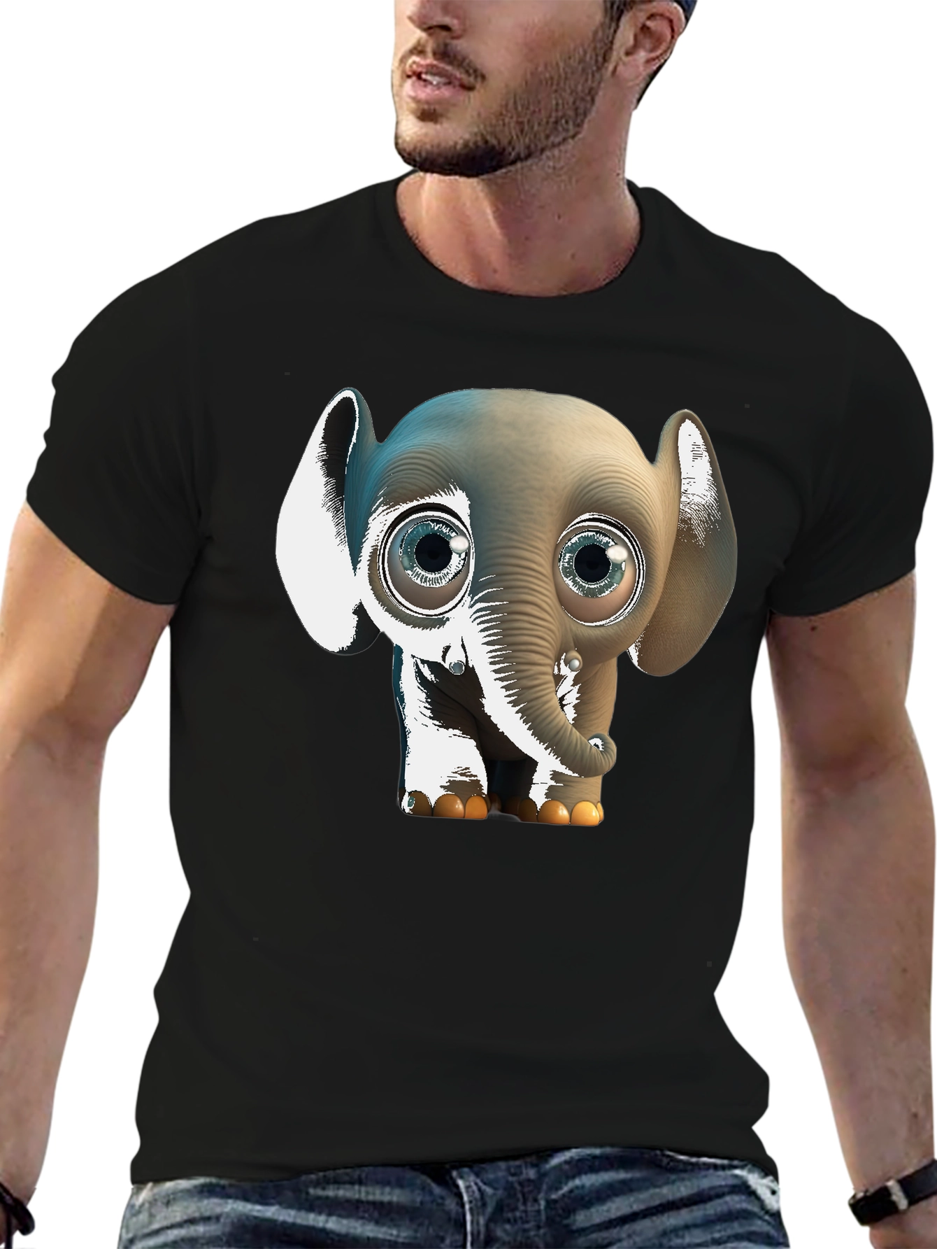 Black Cute Cartoon Elephant Graphic Tee - Black Cotton Comfort view 6