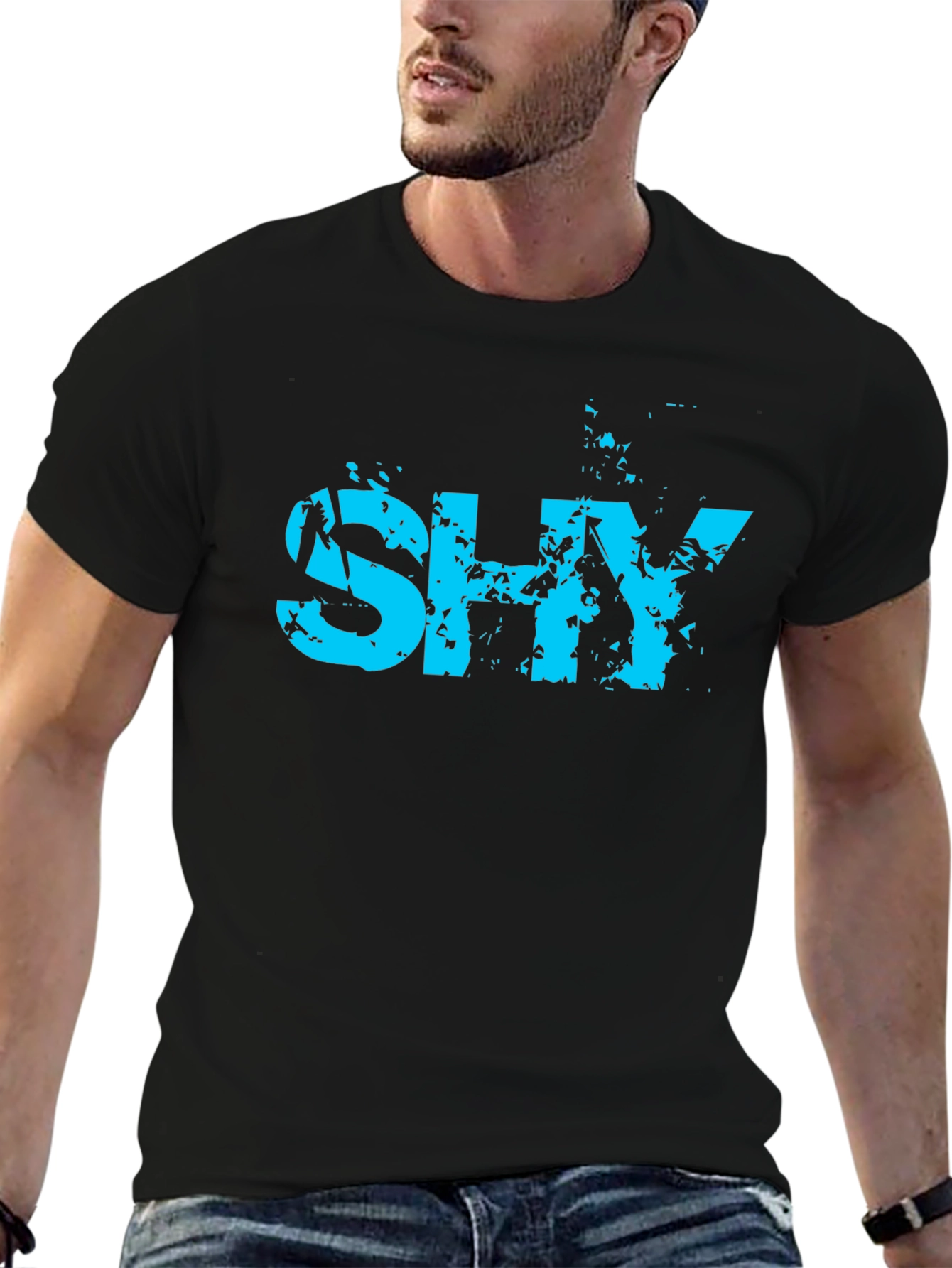 Black Men's "Shy" Graphic T-Shirt - Edgy Blue Print view 6