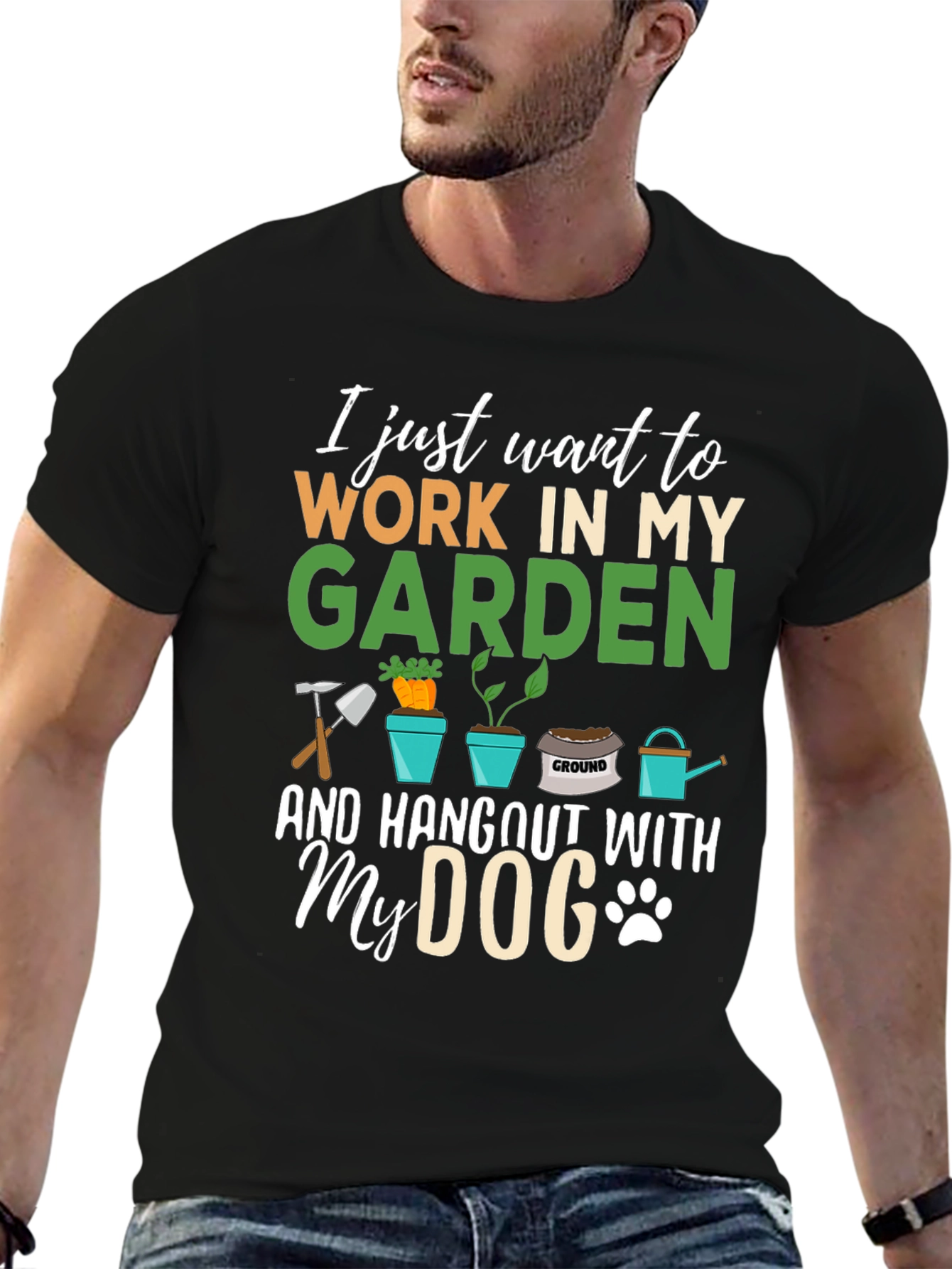 Black Gardener's Tee: Work in My Garden and Hang Out With My Dog T-Shirt view 6