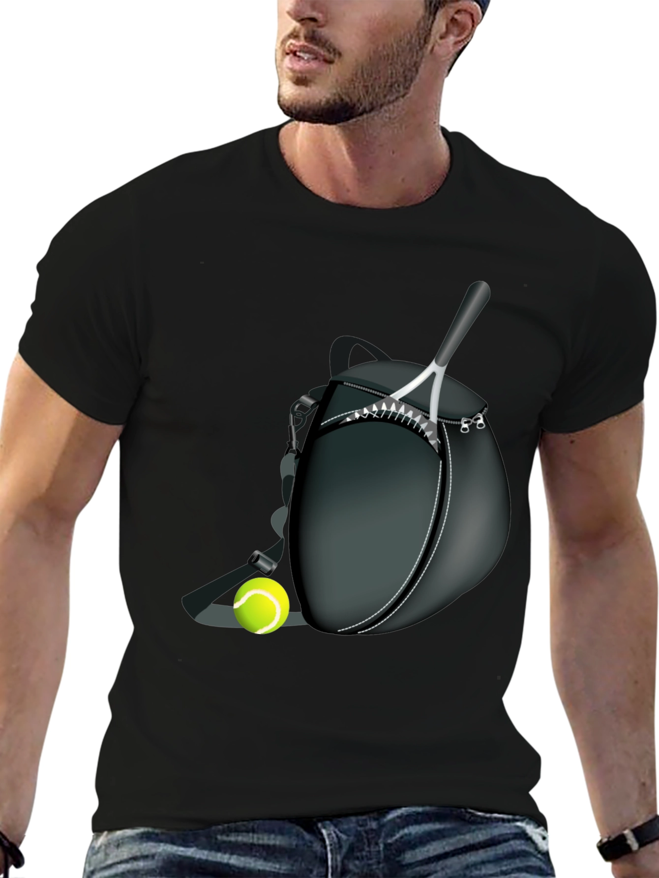 Black Tennis Racket & Ball Graphic Tee - Sporty Casual Style view 6