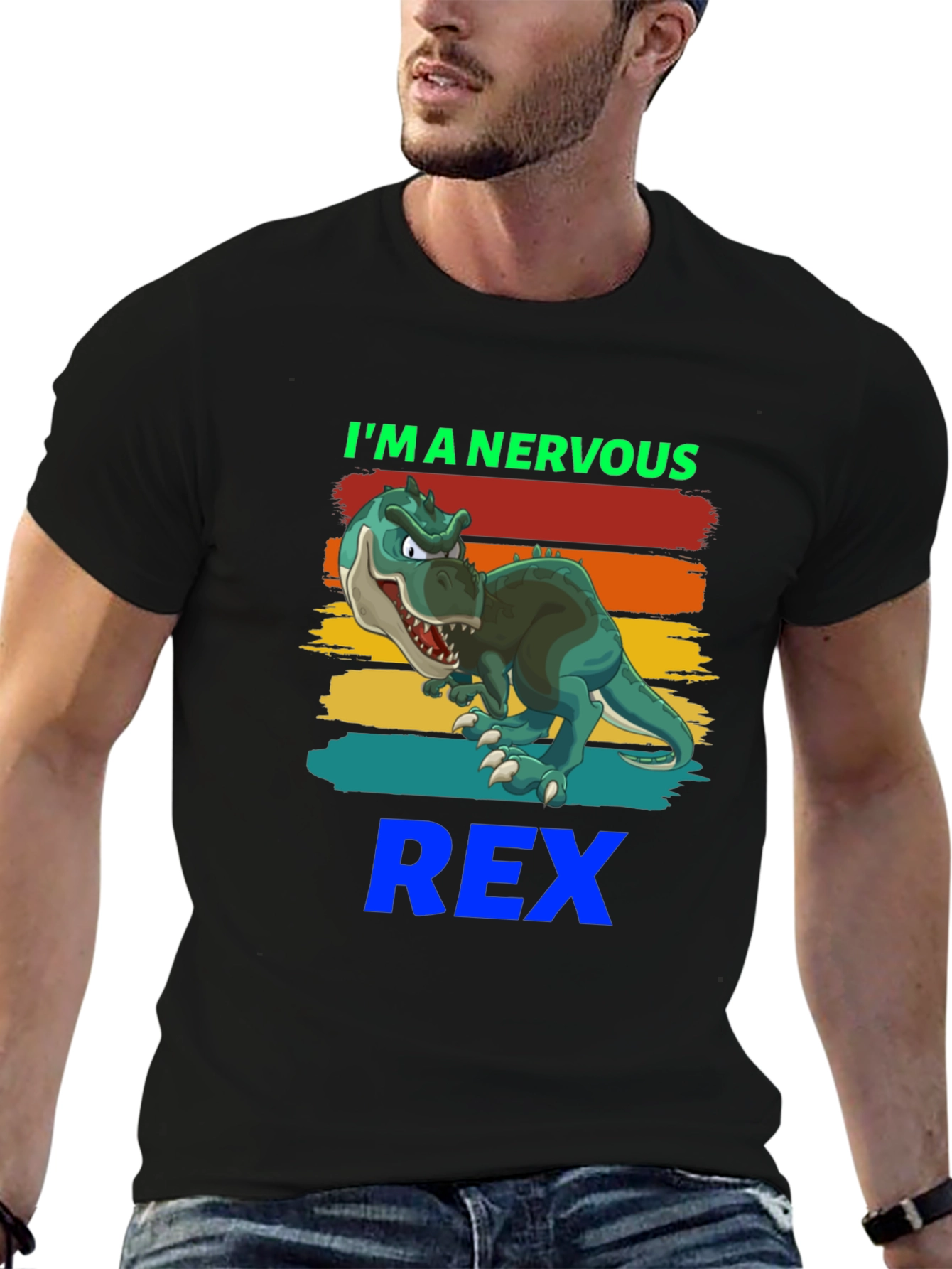Black Nervous Rex T-Shirt - Cartoon Dinosaur Tee view 6