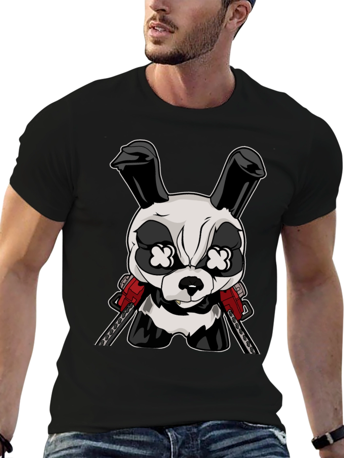 Black Cartoon Rabbit Chainsaw T-Shirt view 6