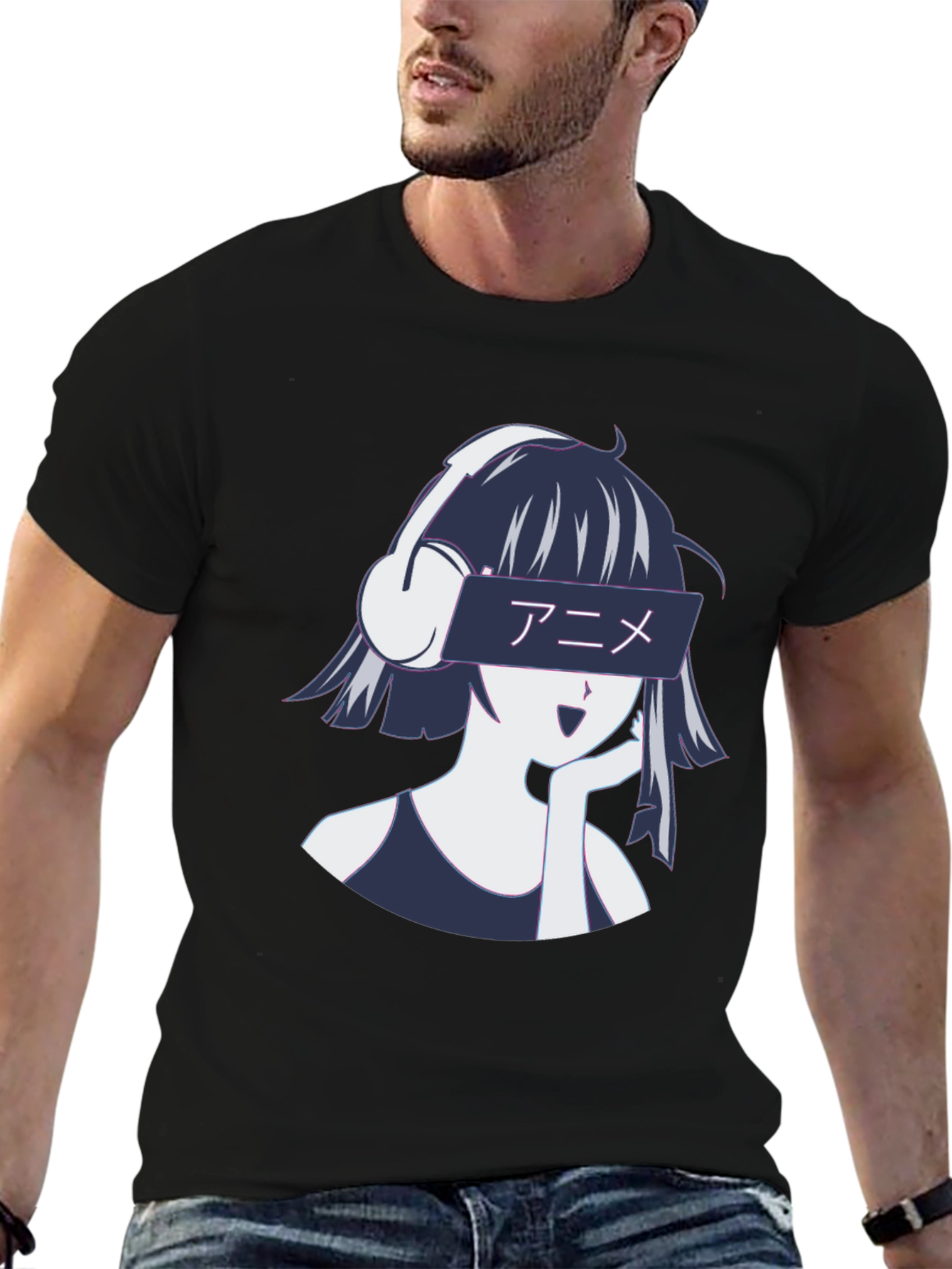 Black Anime Girl Headphones Graphic T-Shirt - Stylish Casual Wear view 6