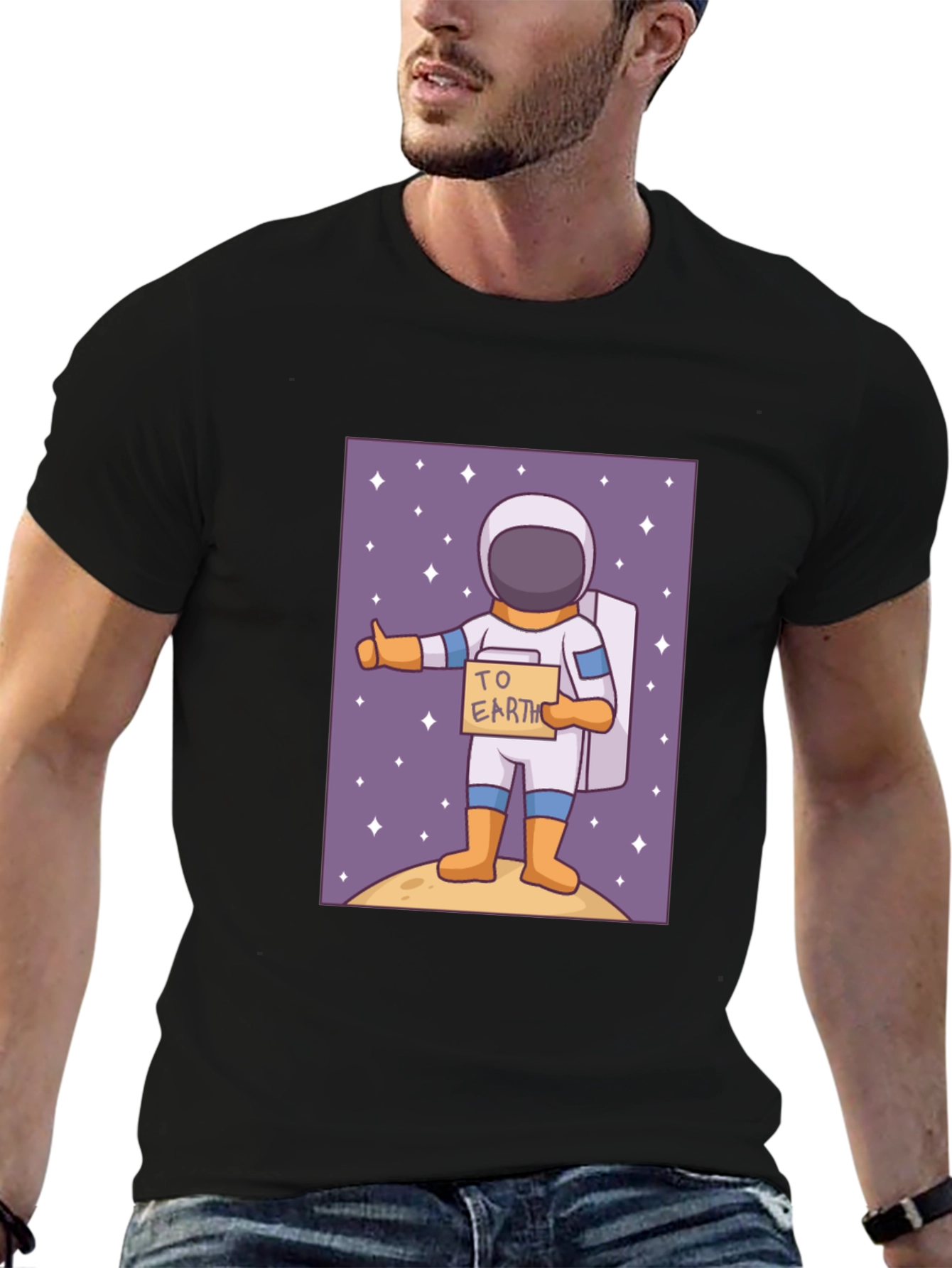 Black Astronaut Hitchhiking T-Shirt - To Earth Cartoon Tee view 6
