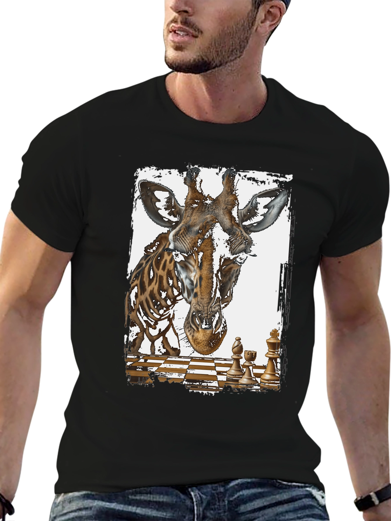 Black Giraffe Chess Graphic Tee - Novelty Design T-Shirt view 6