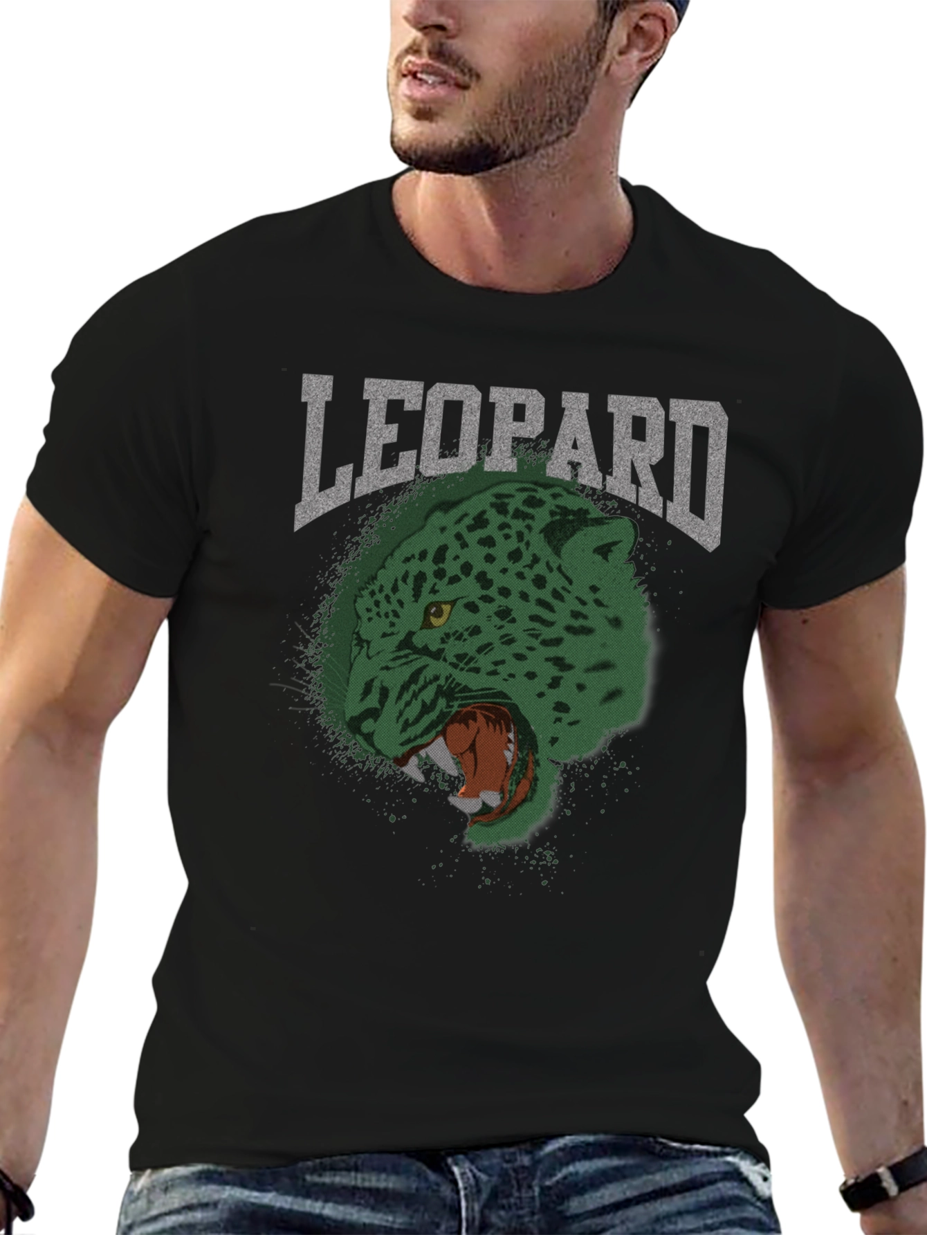 Black Men's Leopard Graphic Print Crew Neck T-Shirt view 6
