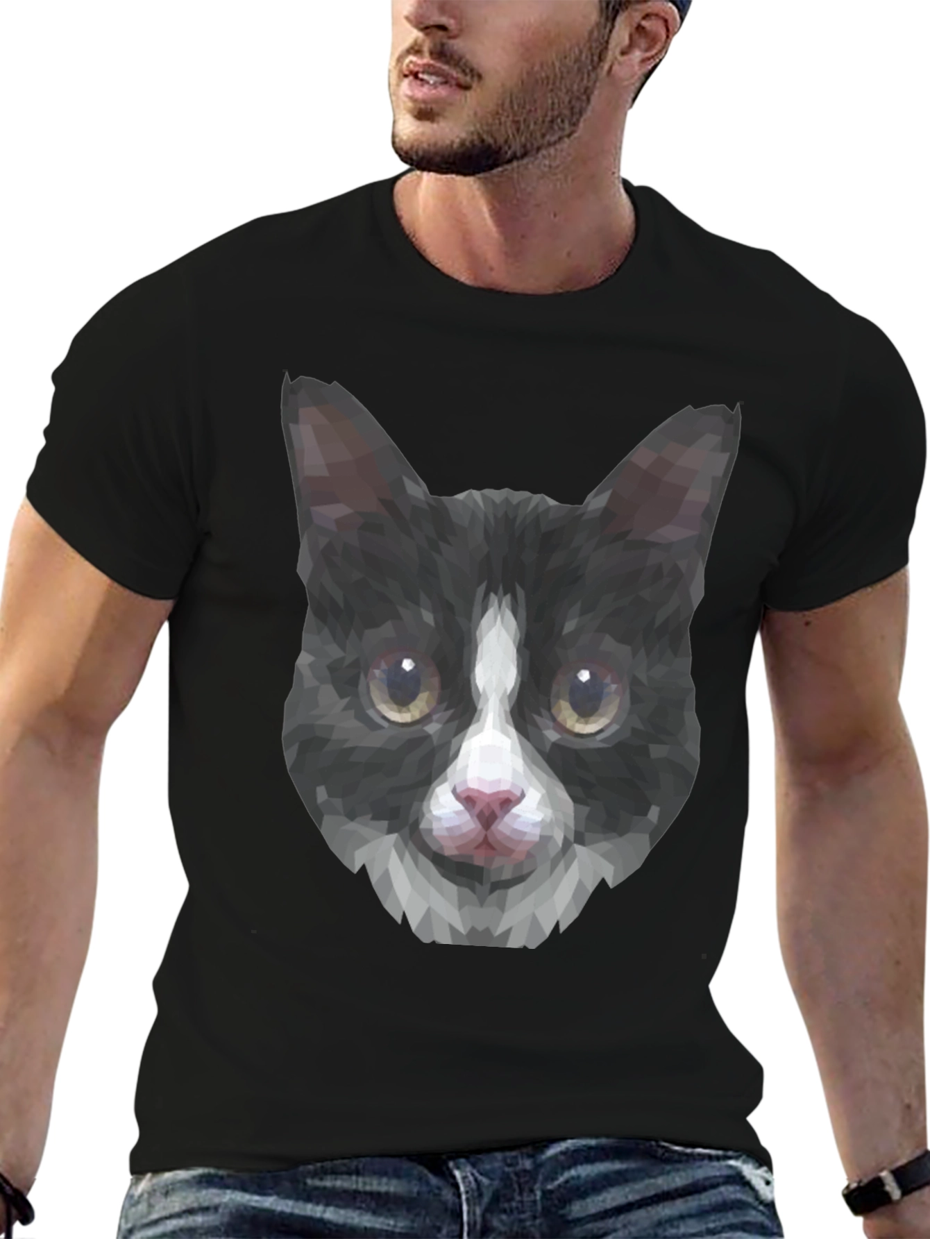 Black Geometric Cat Tee - Modern Graphic T-Shirt view 6
