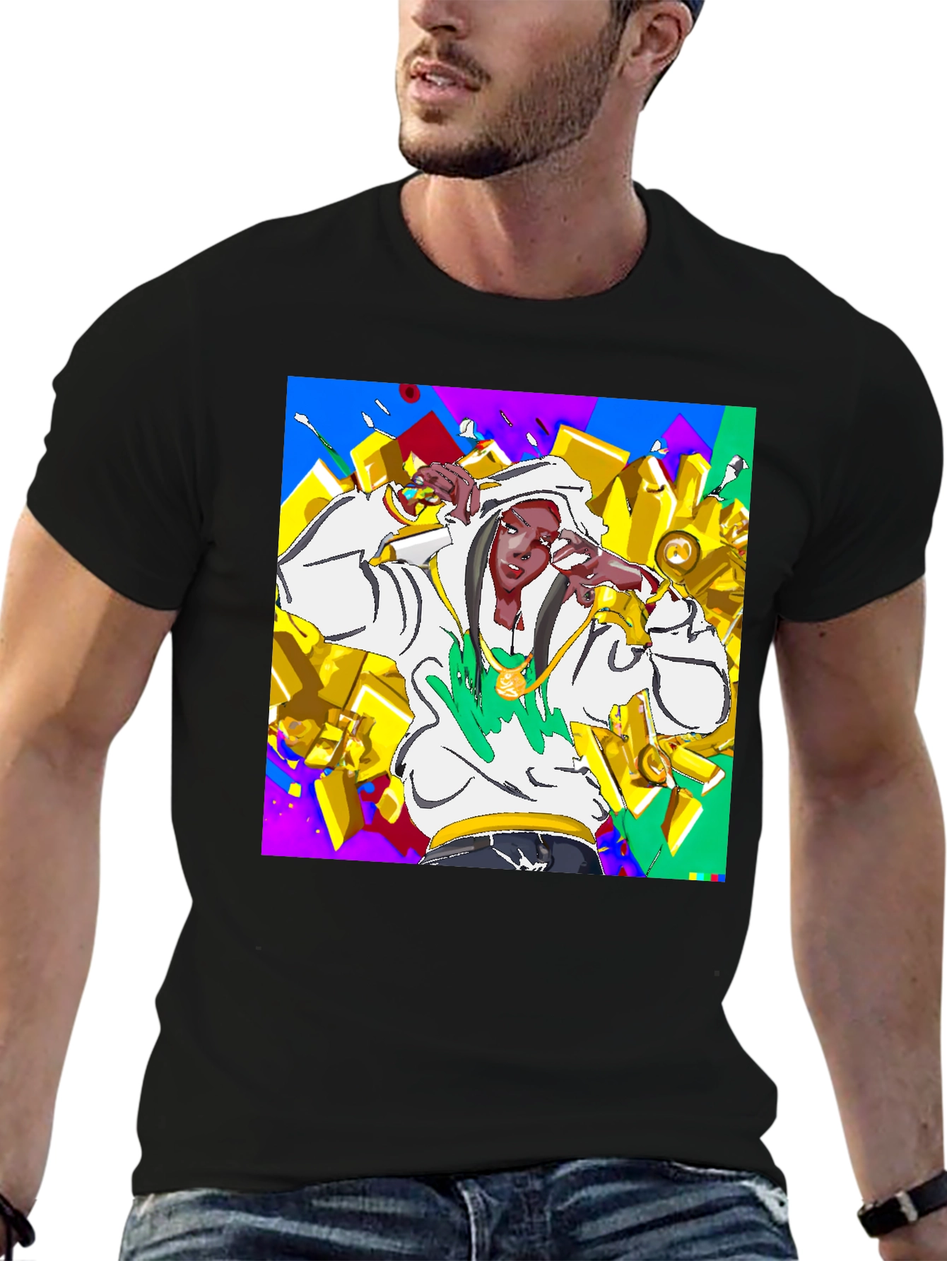 Black Urban Style Graphic Tee - Animated Character Design view 6