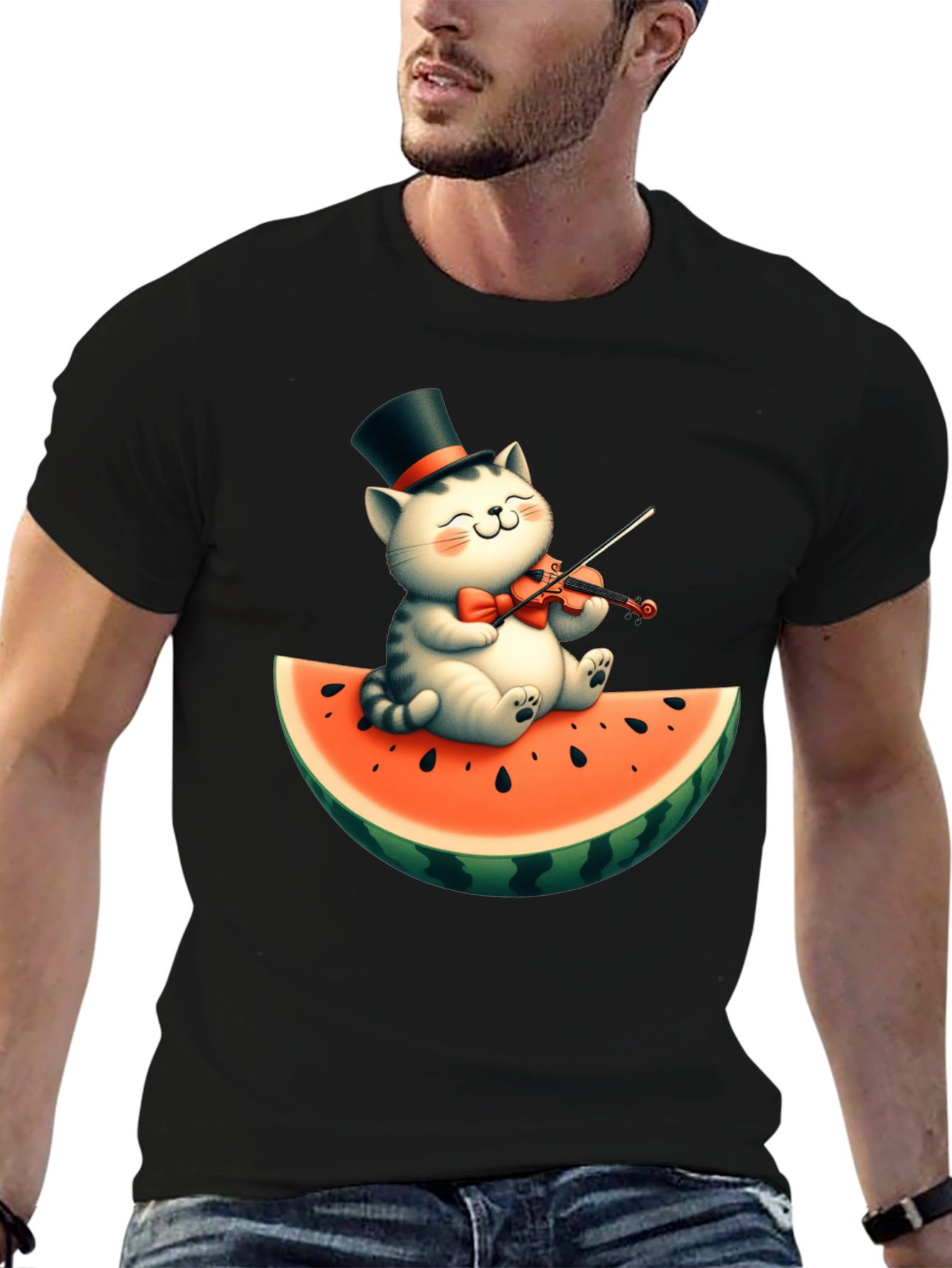 Black Cat Playing Violin on Watermelon Graphic Tee view 6