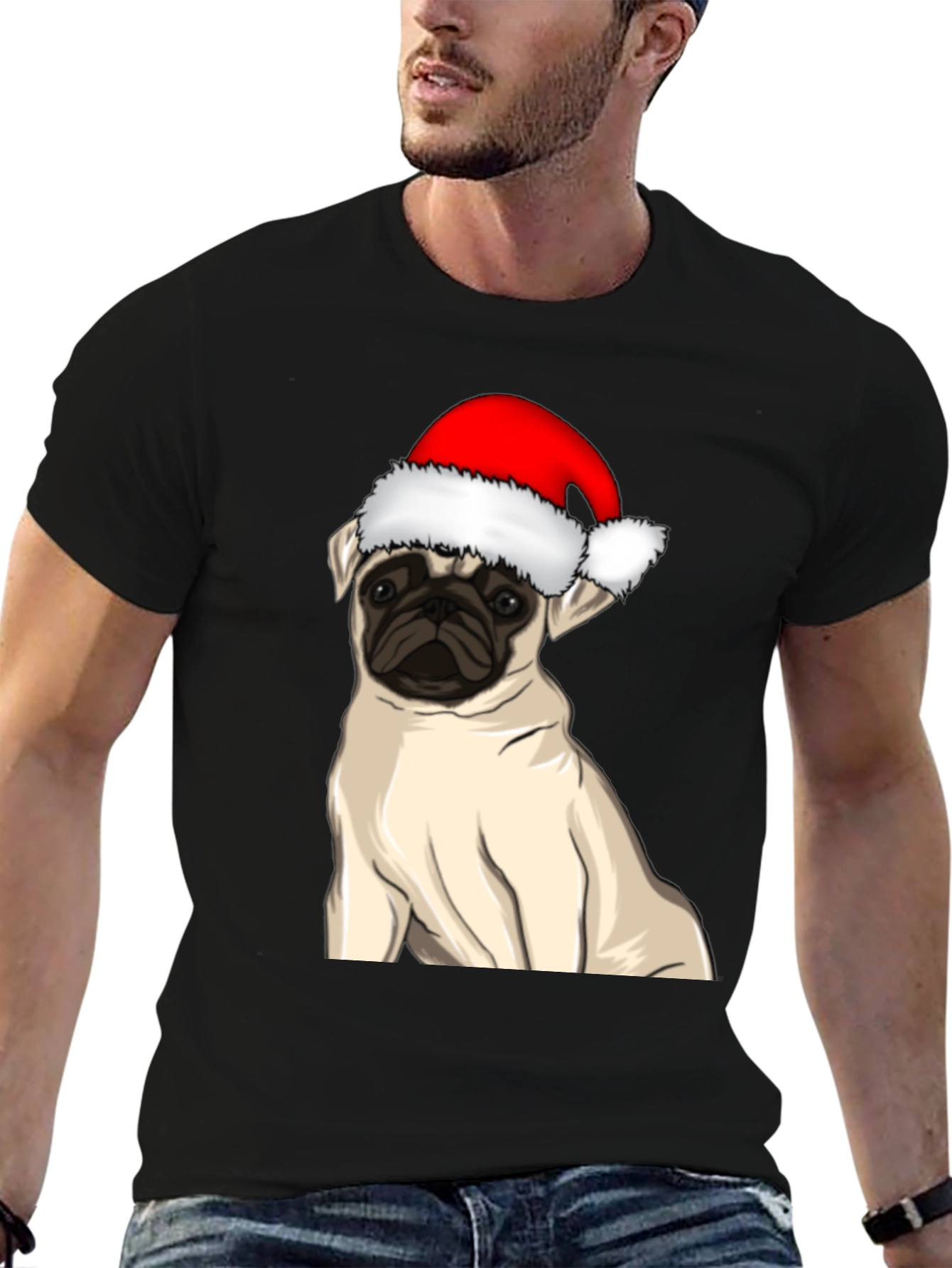 Black Pug in Santa Hat Graphic Tee view 6