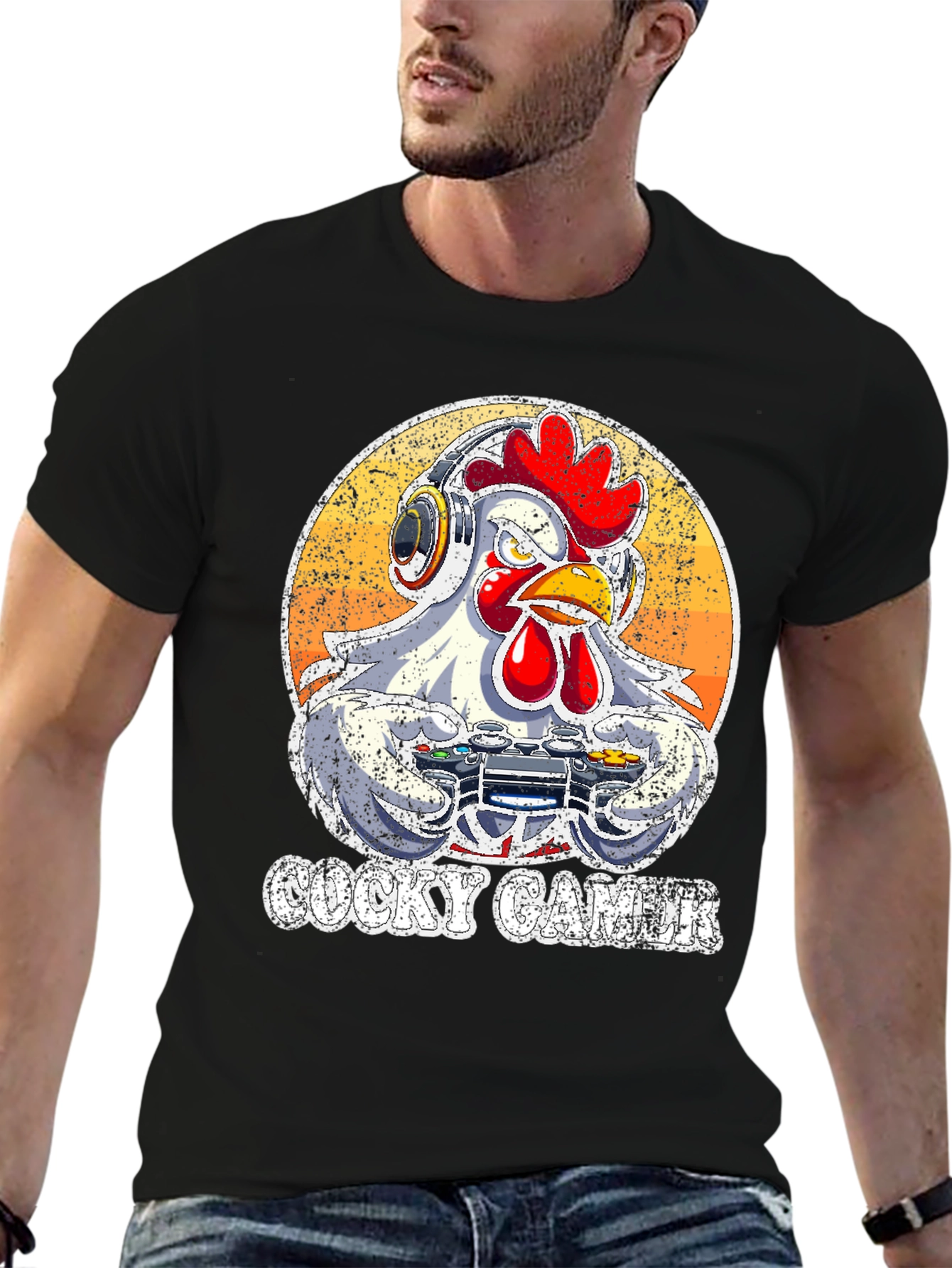 Black Cocky Gamer T-Shirt - Funny Chicken Video Game Tee view 6