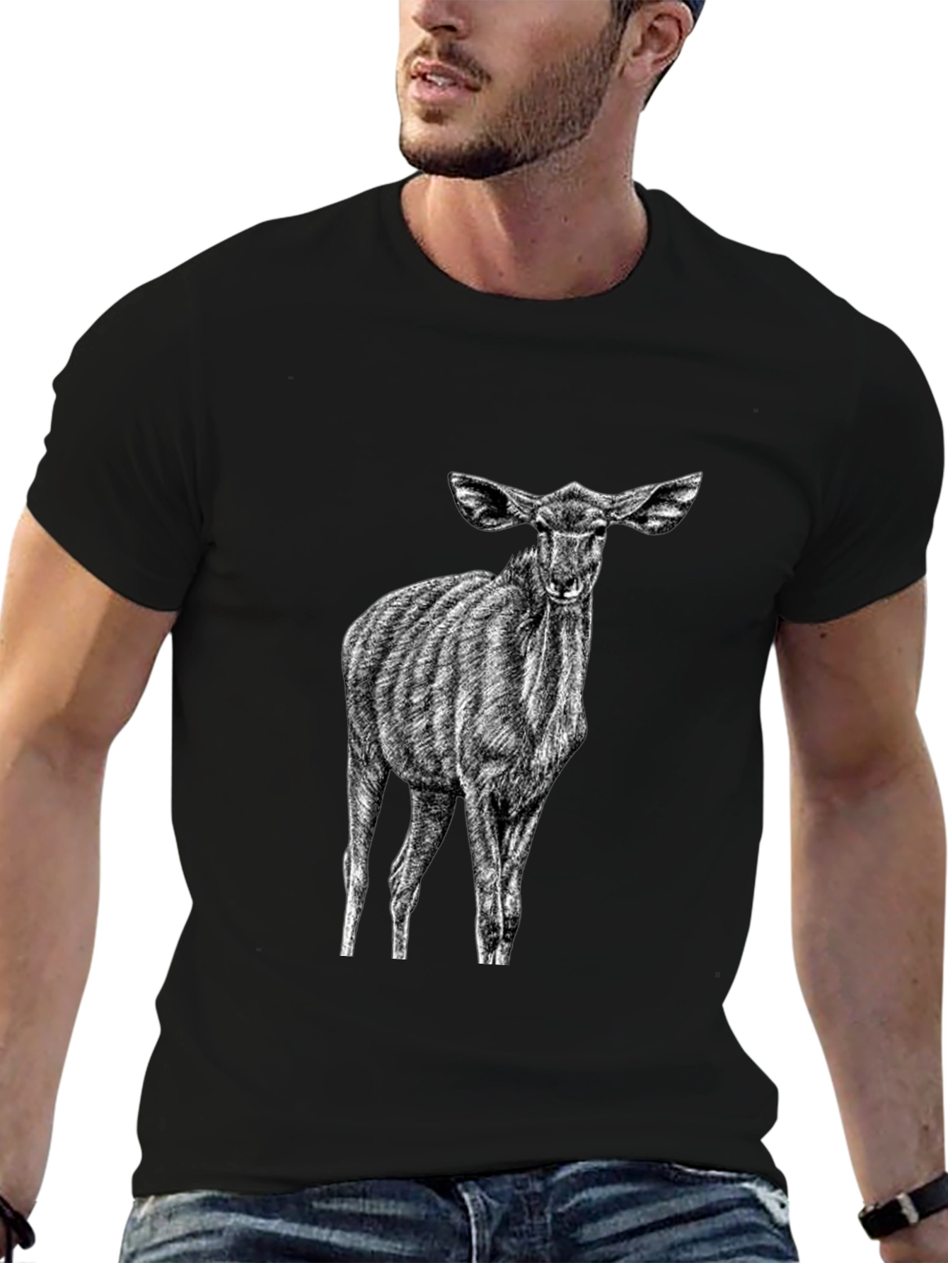 Black Black T-Shirt with Kudu Antelope Design view 6
