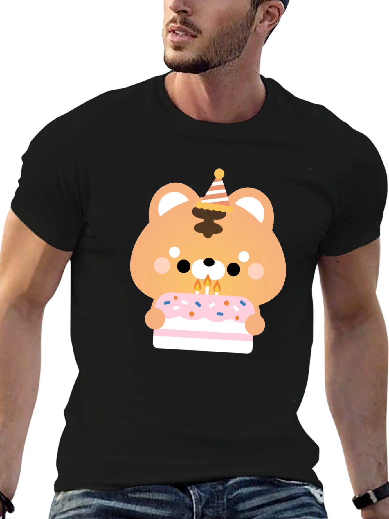 Black Cute Bear Birthday Cake T-Shirt view 6