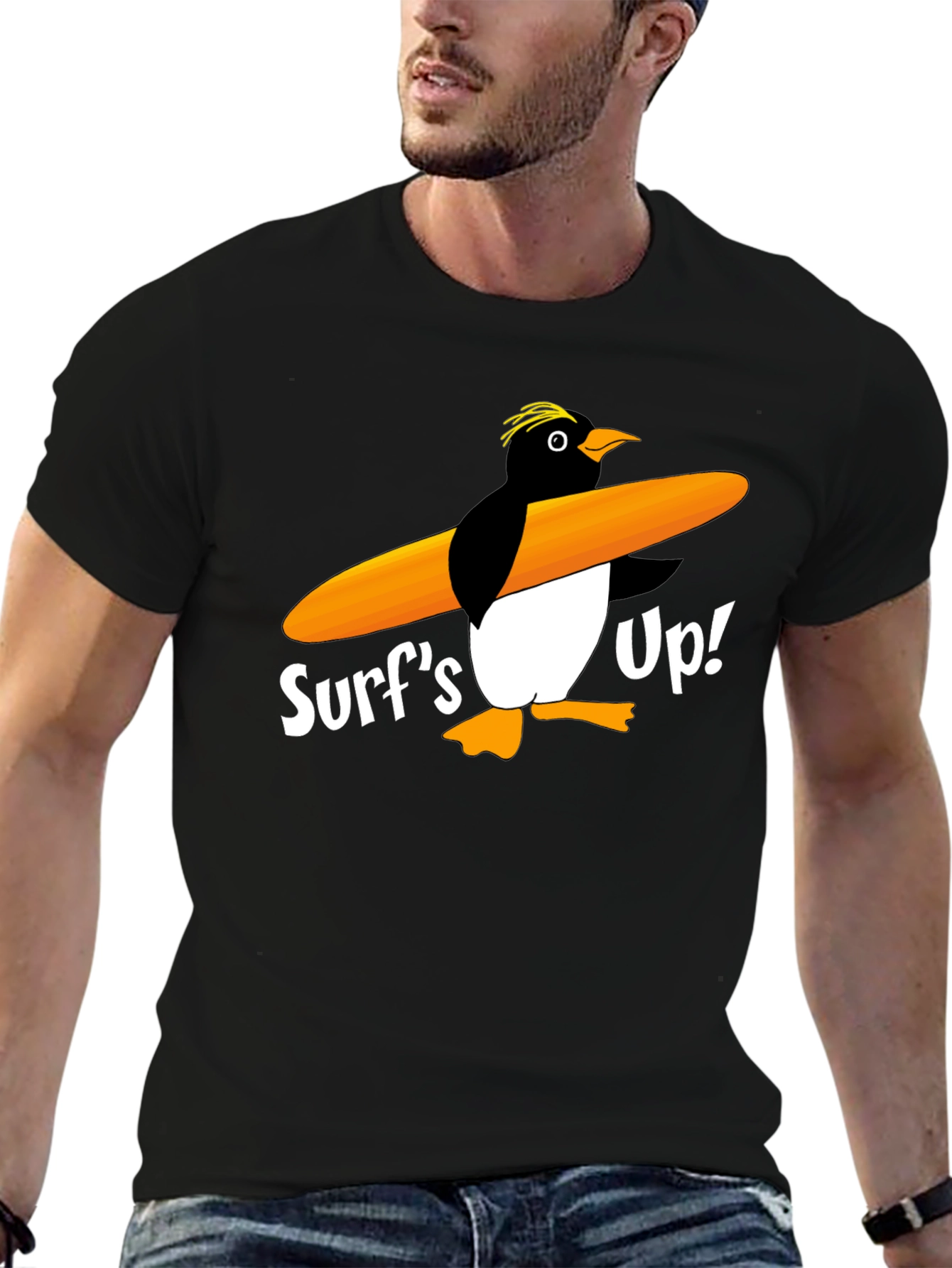 Black Surf's Up Penguin Graphic Tee - Black Cotton T-Shirt view 6