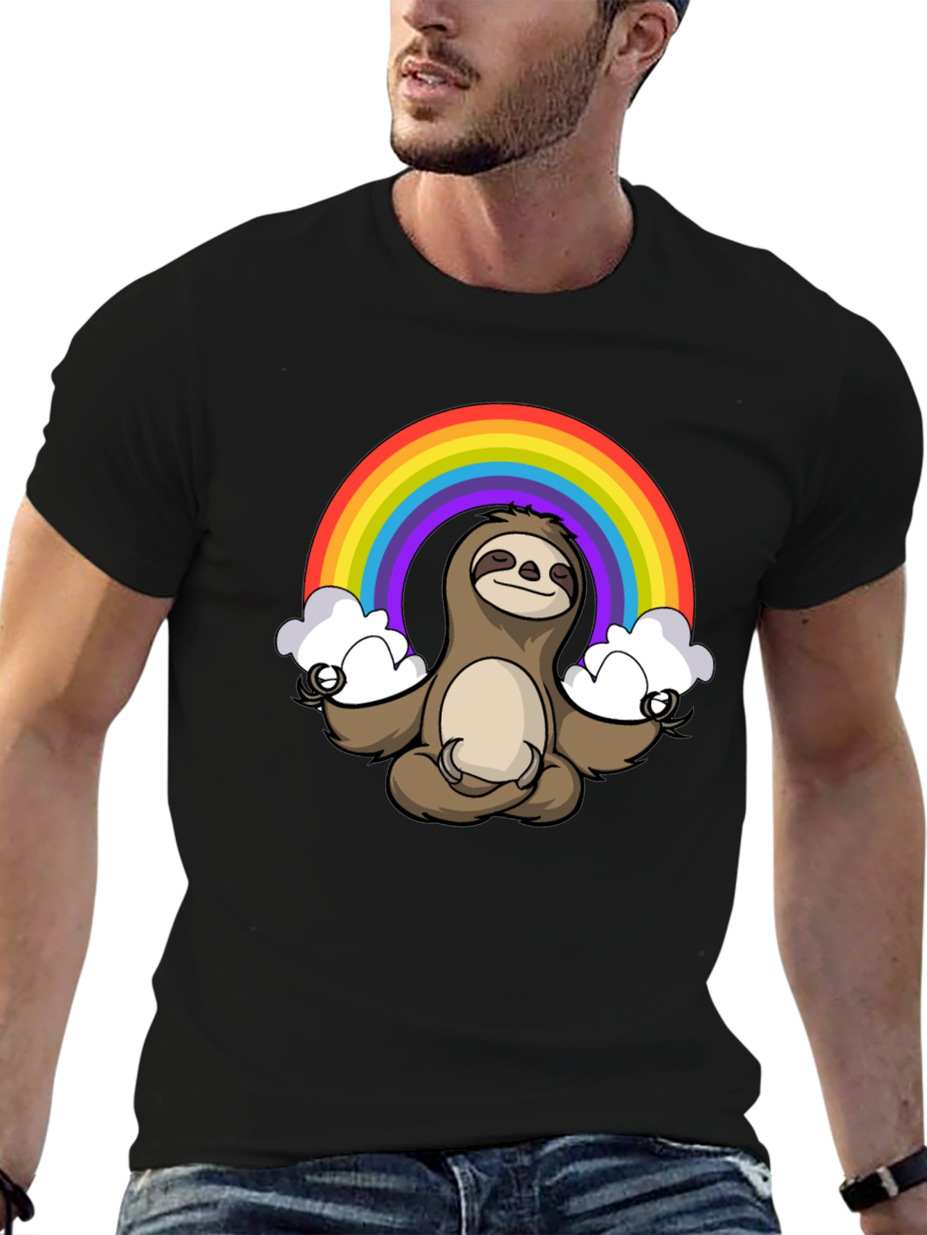 Black Meditating Sloth Rainbow T-Shirt - Relaxed Zen Style view 6