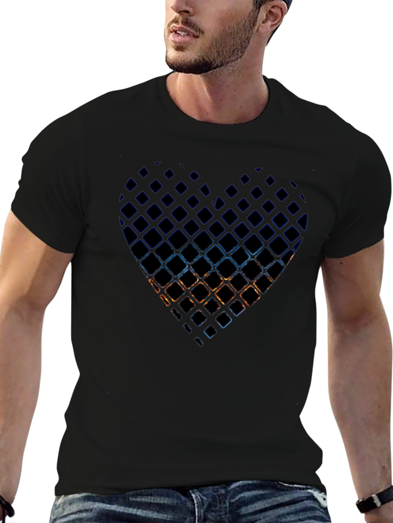 Black Abstract Heart Grid Men's Black T-Shirt view 6