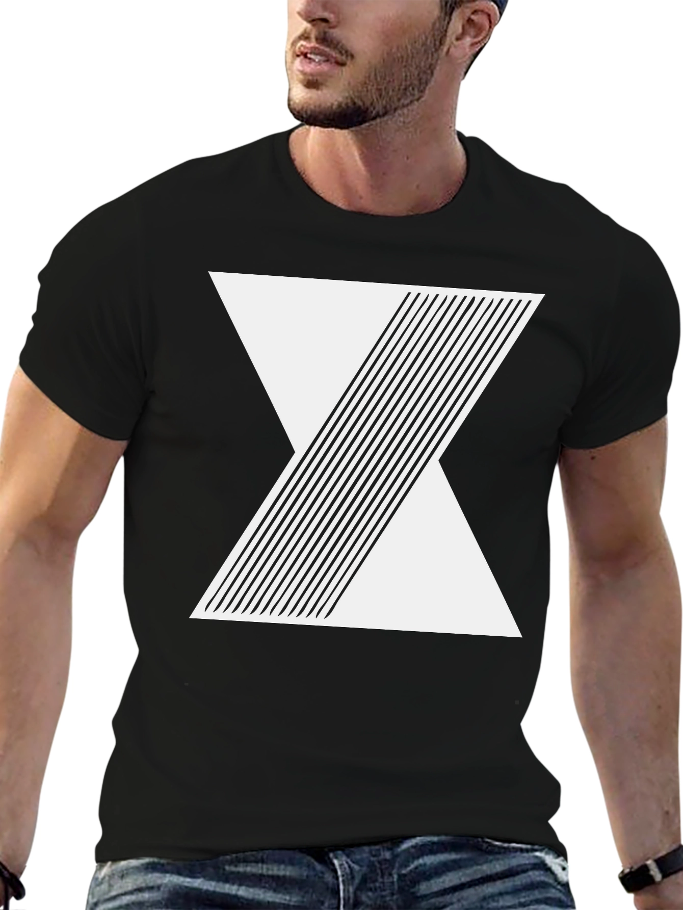 Black Geometric Line Design Black T-Shirt view 6