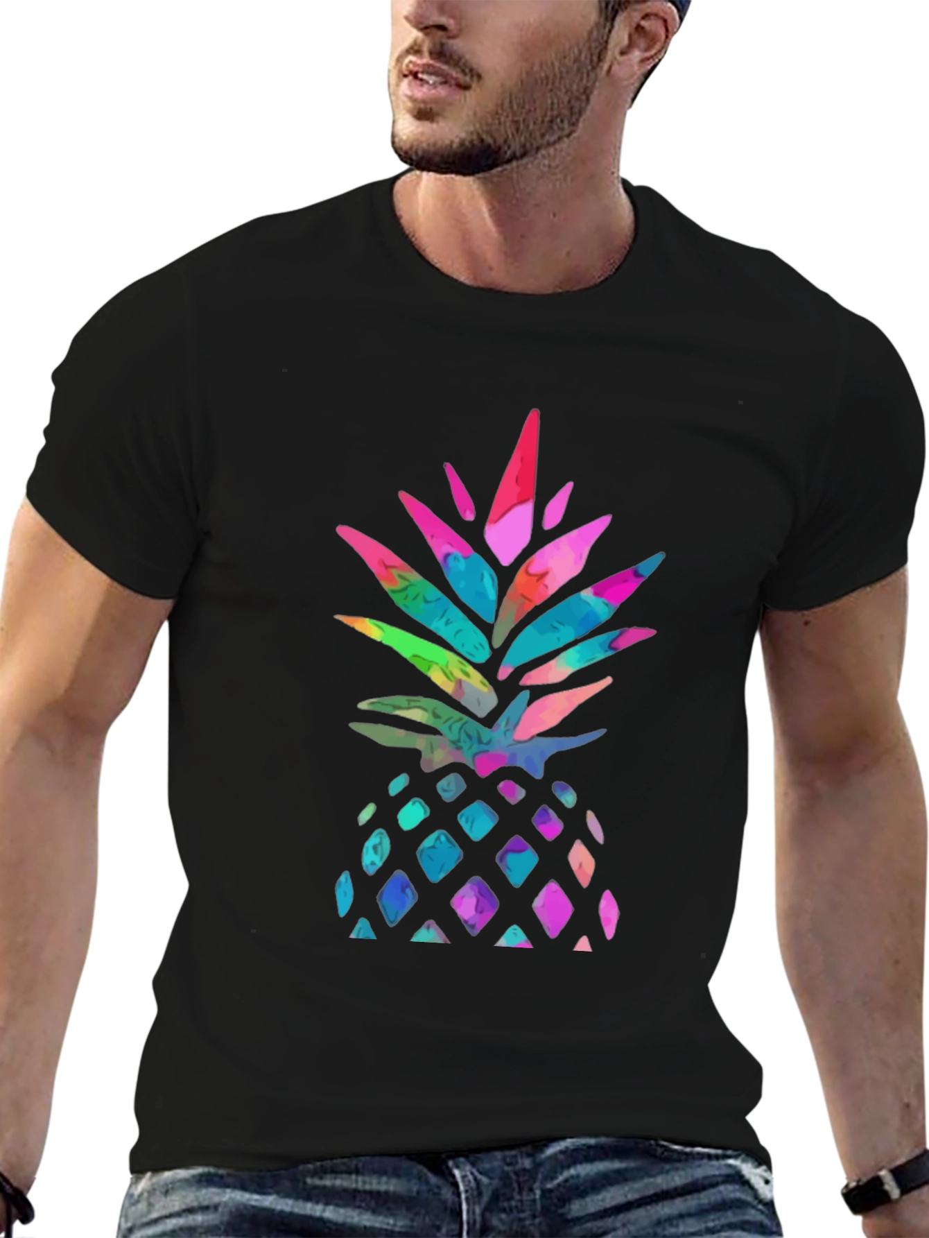 Black Watercolor Pineapple Graphic Black T-Shirt view 6
