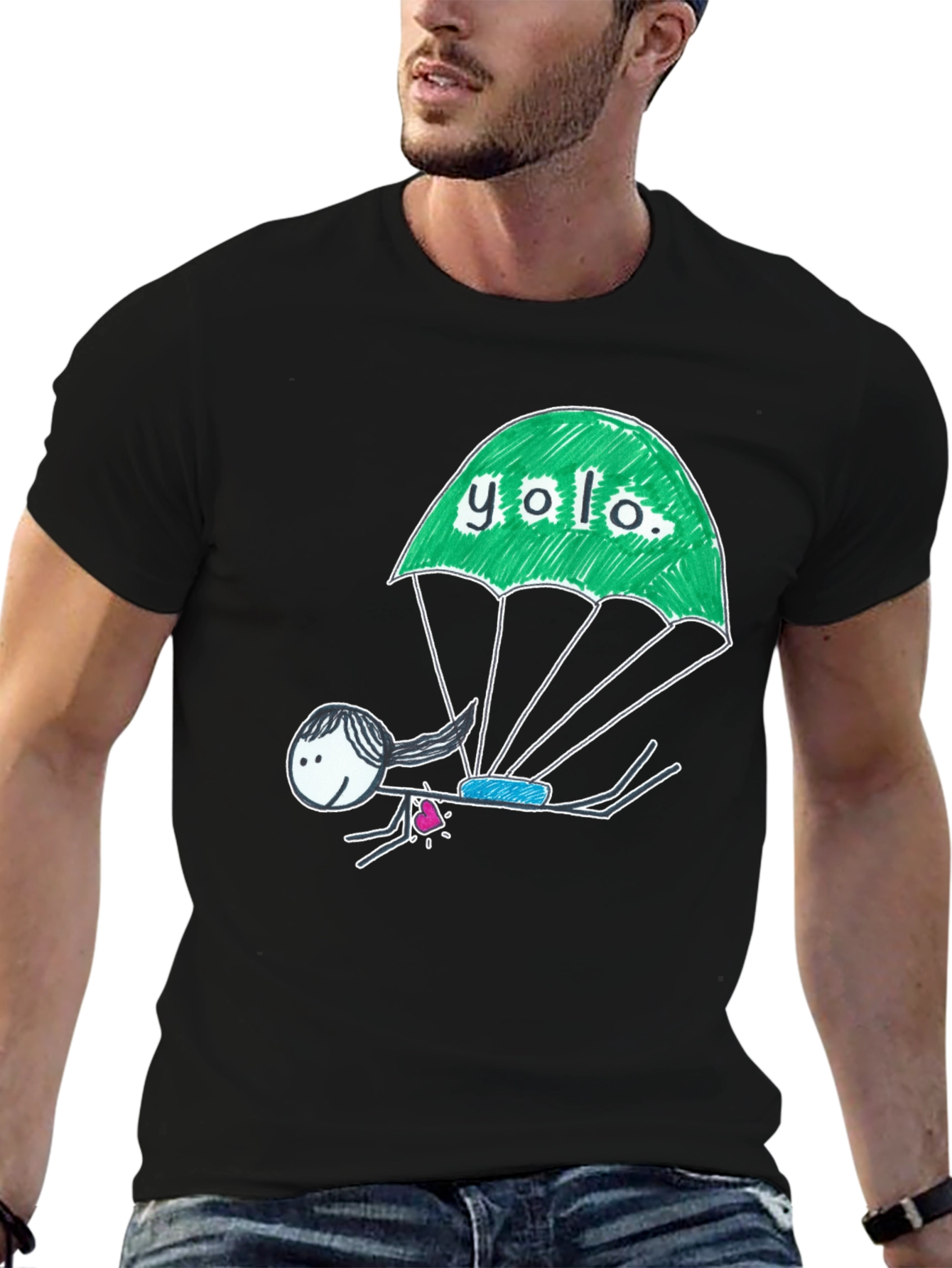 Black YOLO Parachute Graphic T-Shirt - Black Cotton Tee view 6