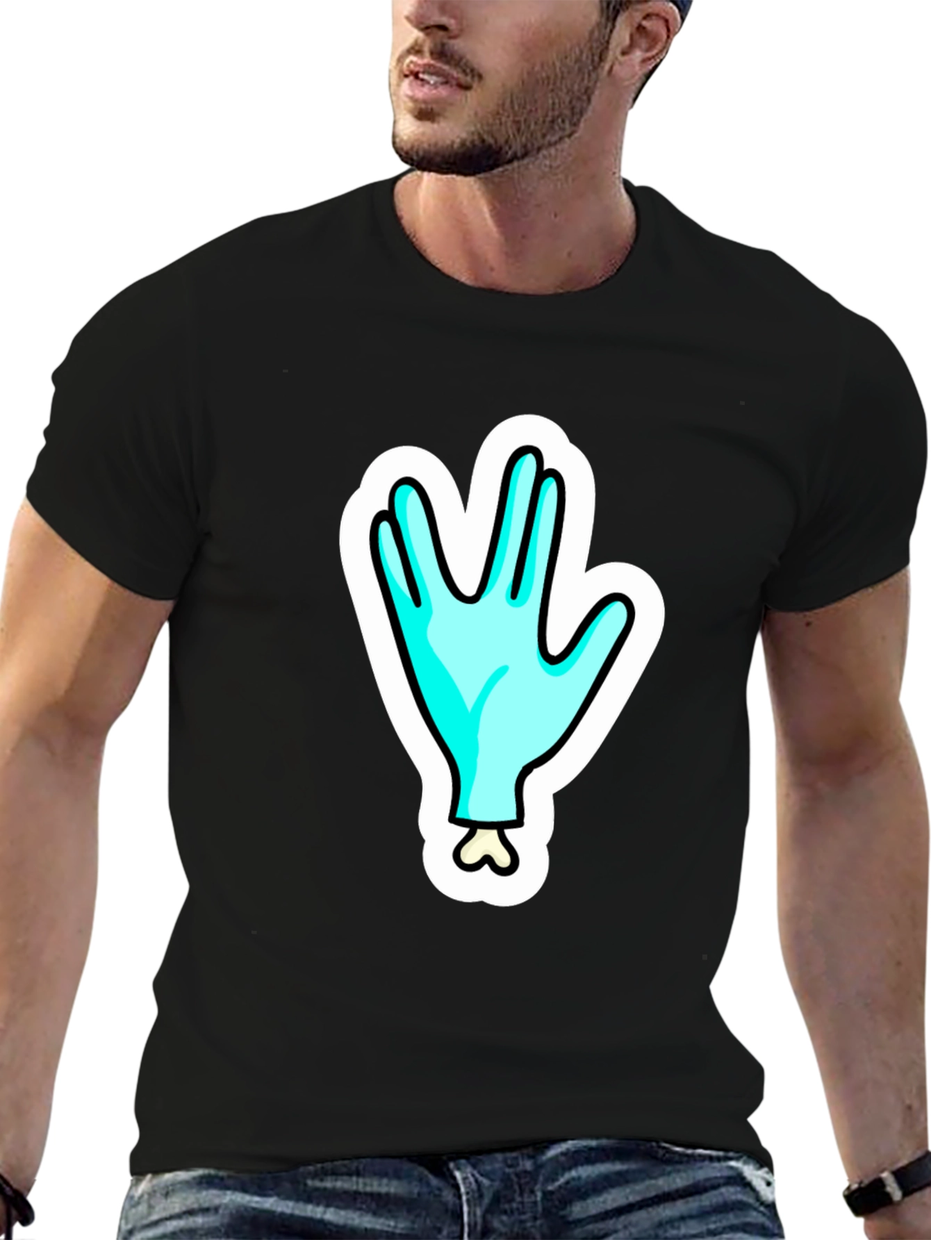 Black Funny Alien Hand T-Shirt - Outer Space Cartoon Tee view 6