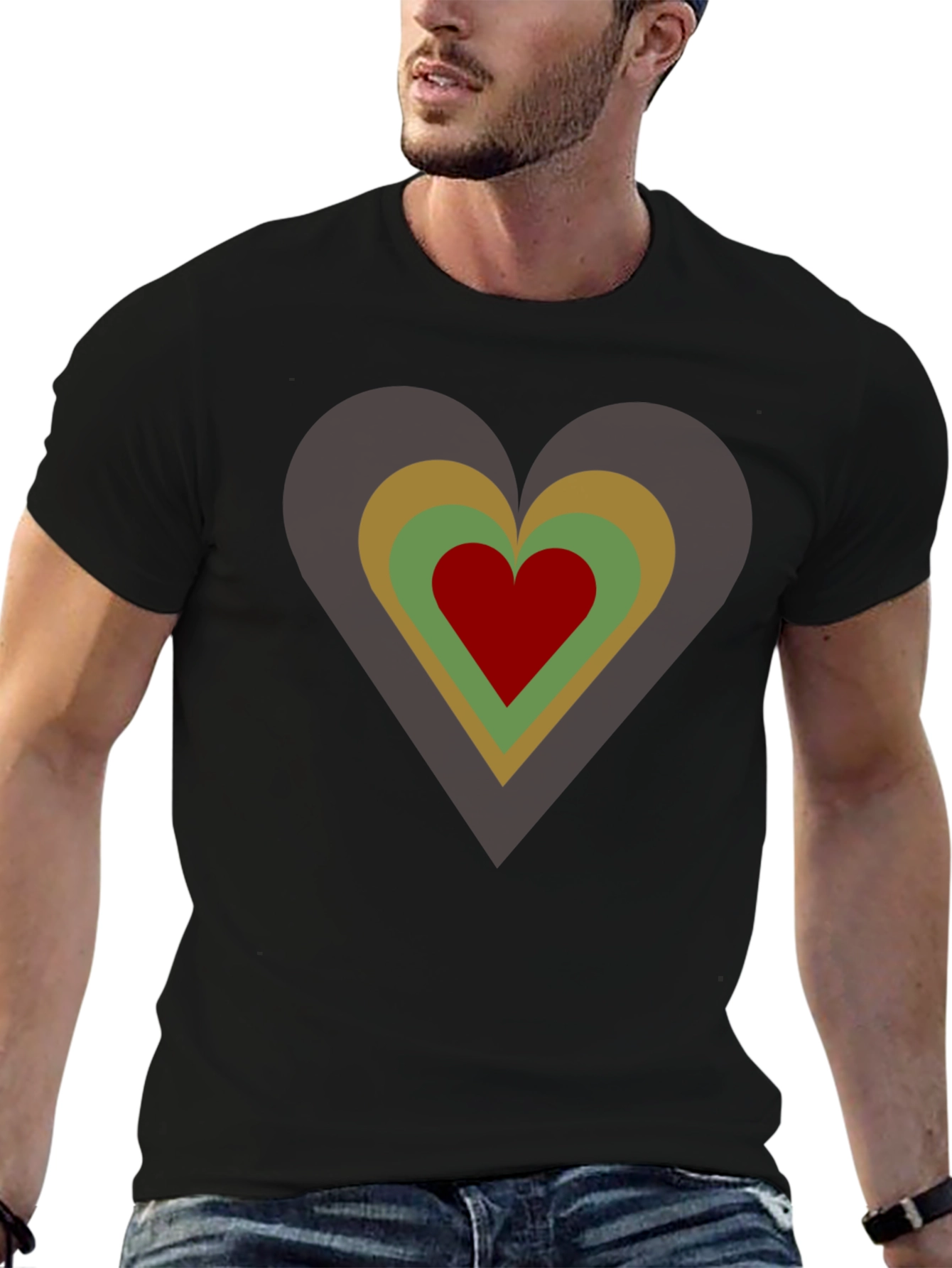Black Retro Heart Graphic Tee - Black Cotton Casual T-Shirt view 6