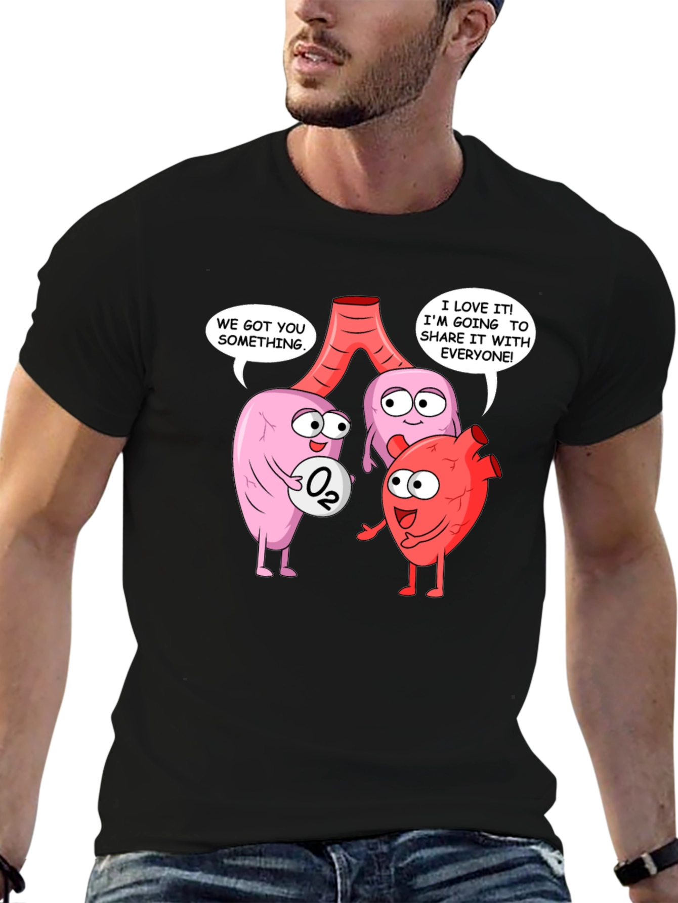 Black Funny Anatomy T-Shirt - Heart, Lungs & Oxygen view 6