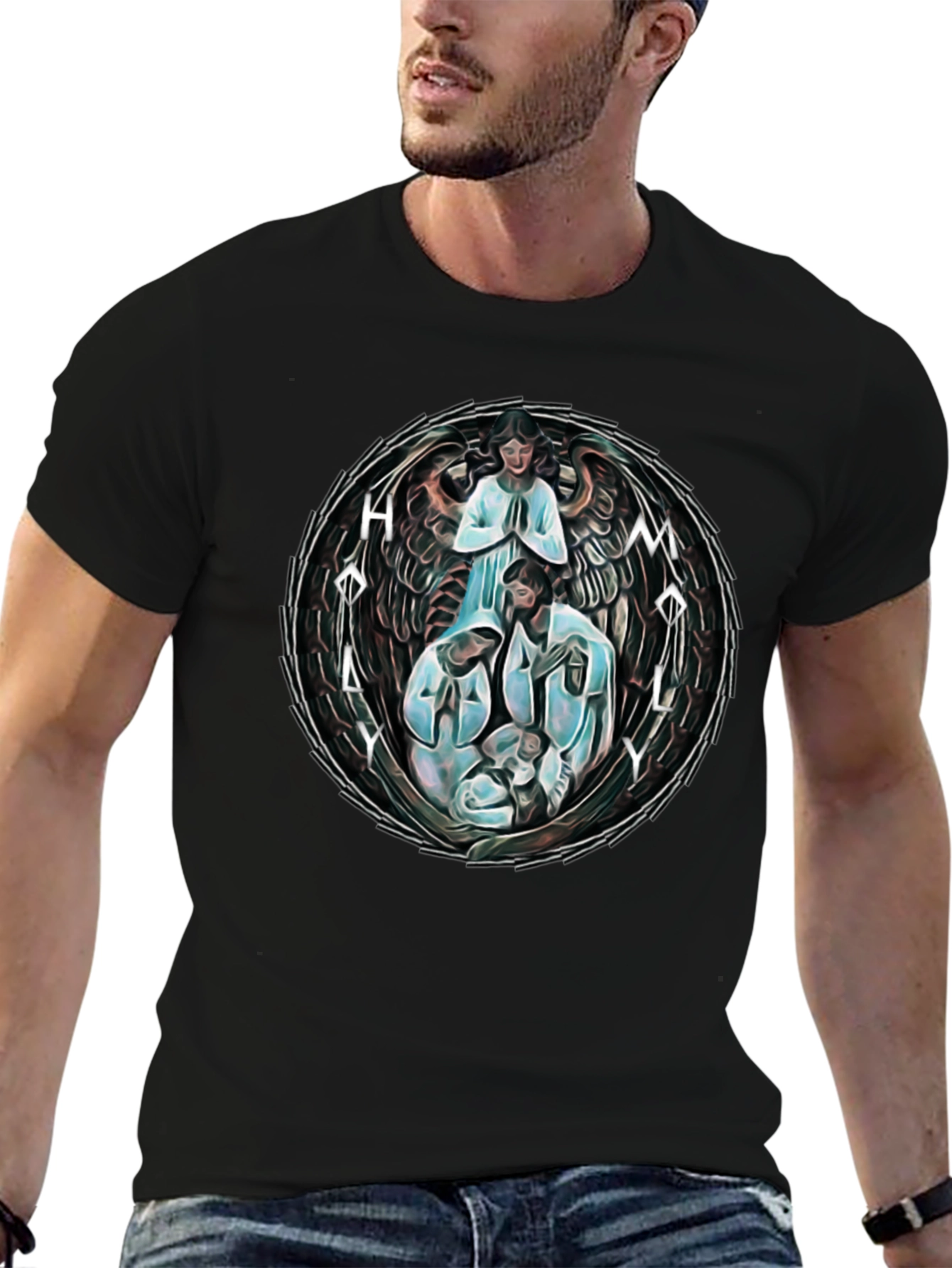 Black Holy Family Graphic T-Shirt - Unisex Black Tee view 6