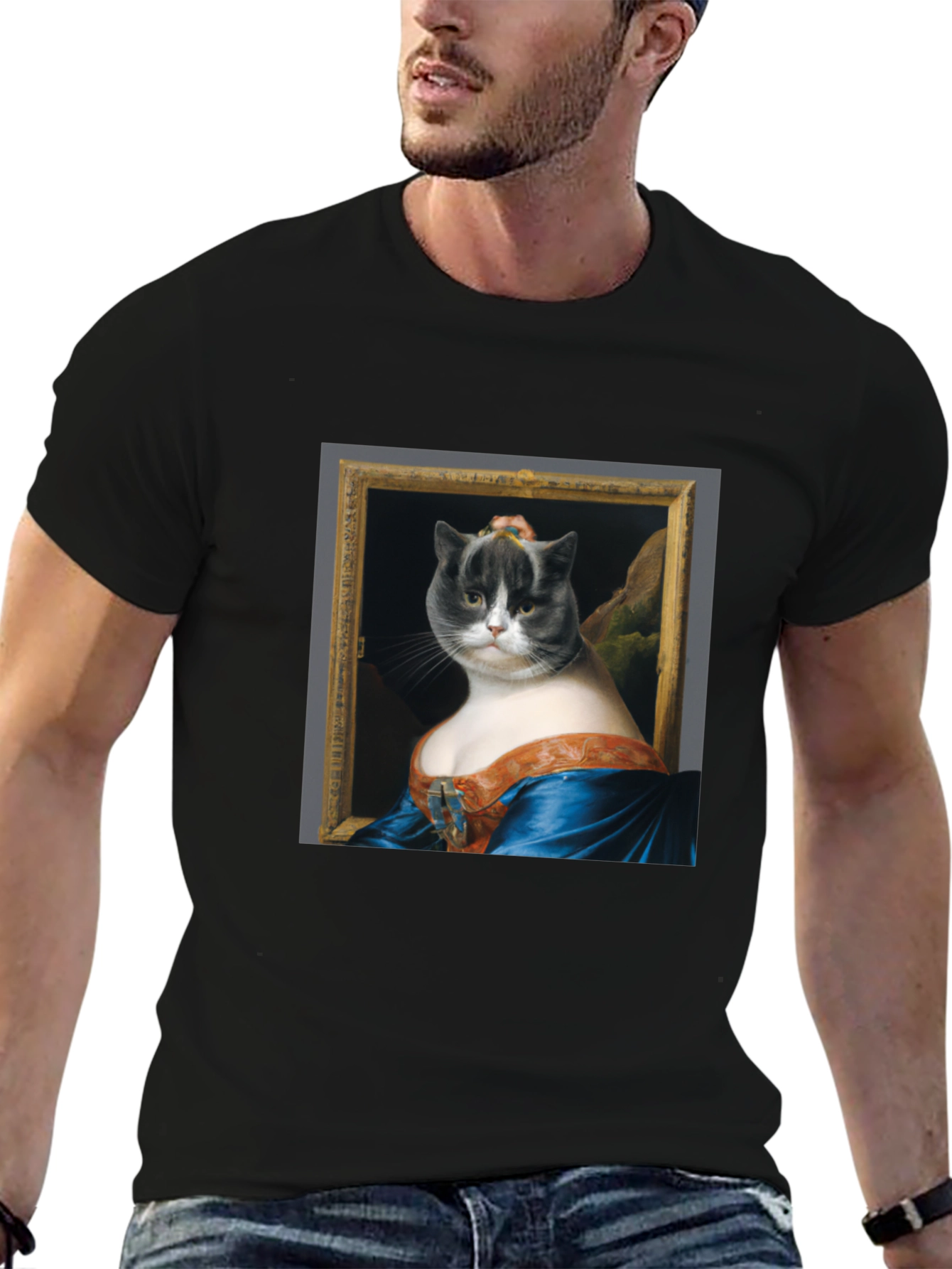 Black Mona Lisa Cat Portrait Graphic Tee - Black Cotton T-Shirt view 6