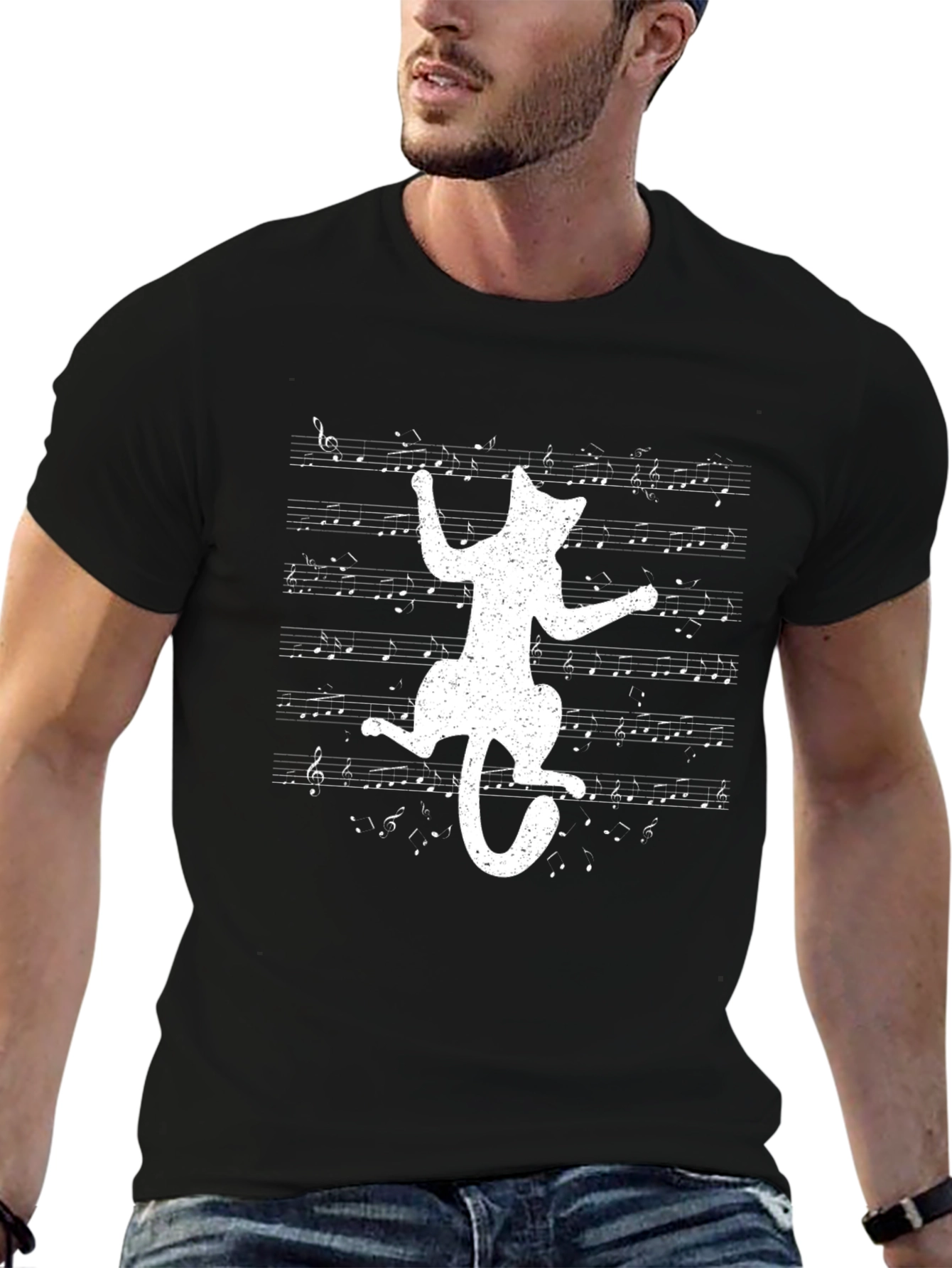 Black Musical Cat T-Shirt - Black Cotton Tee view 6