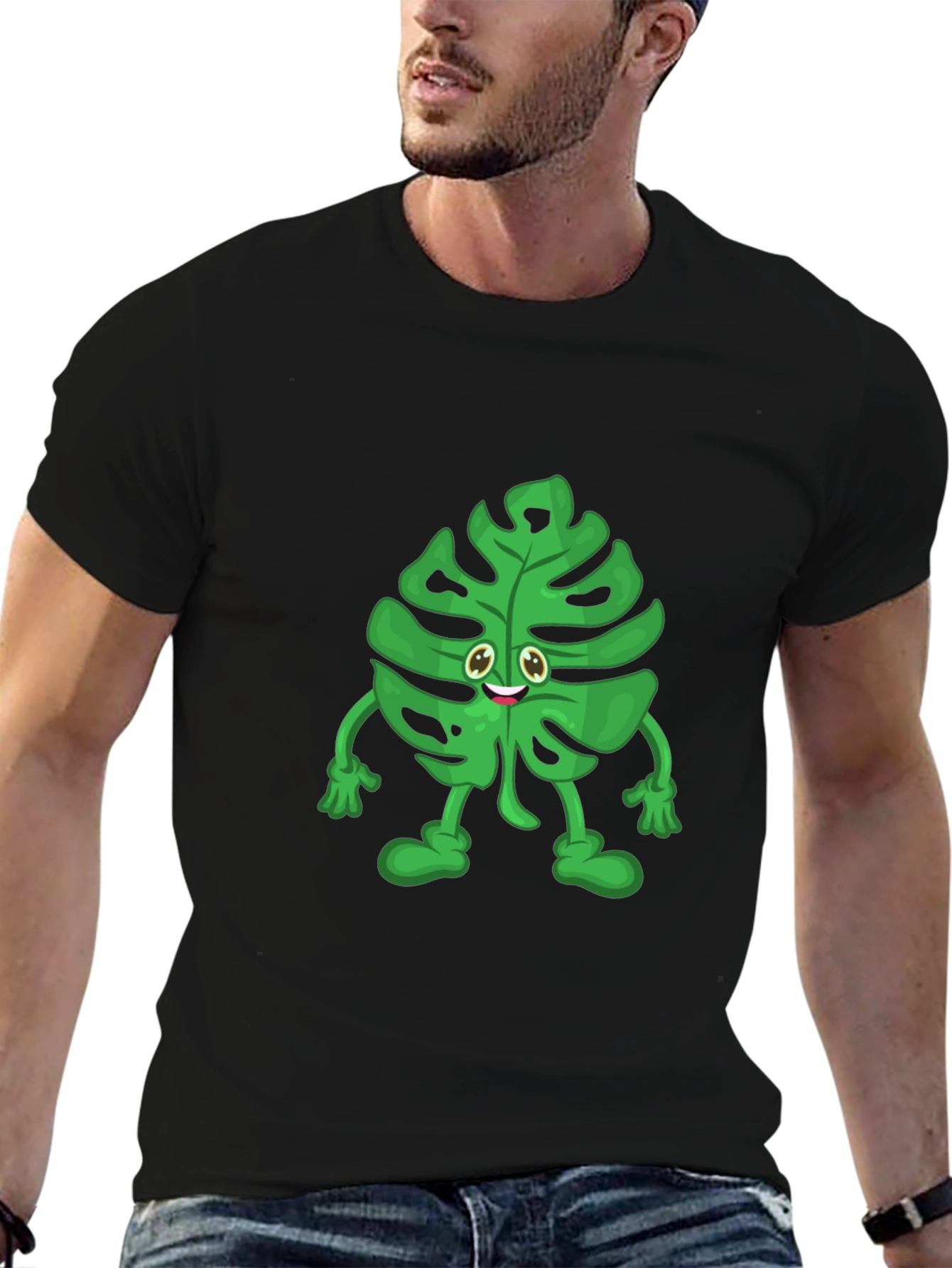 Black Funny Monstera Plant T-Shirt - Cute Cartoon Graphic Tee view 6