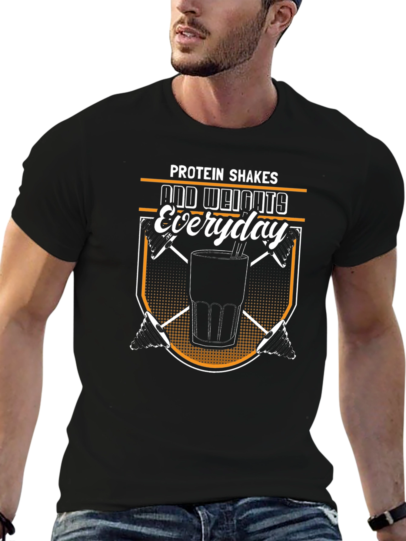 Black Protein Shakes and Weights Everyday Black T-Shirt view 6
