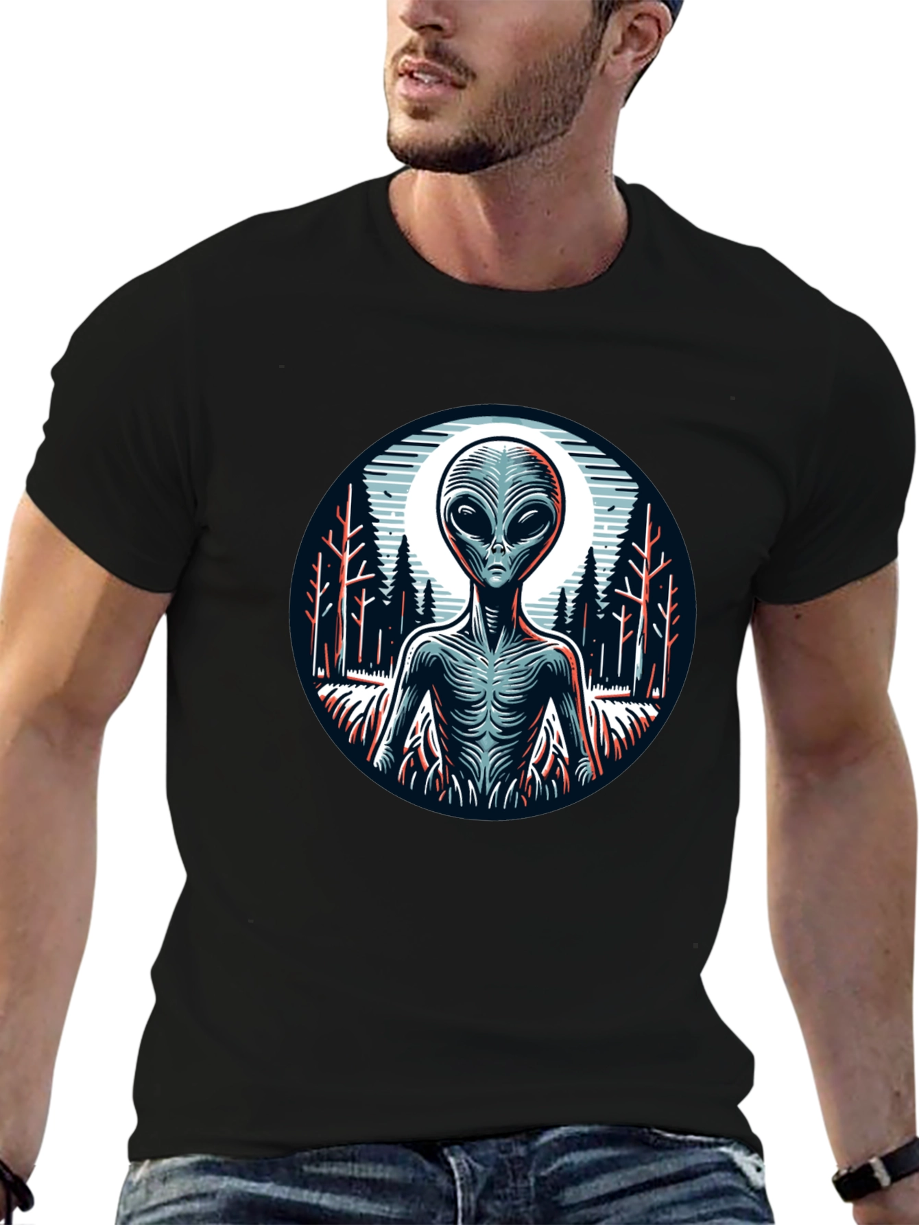 Black Alien Graphic Print Black T-Shirt view 6
