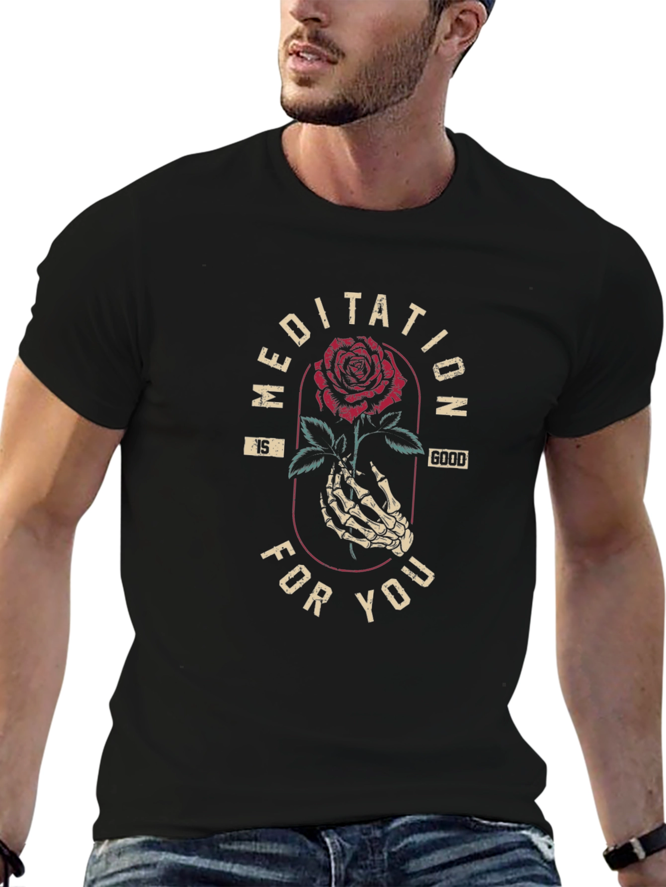 Black Meditation Rose Graphic Tee - Black Cotton Shirt view 6