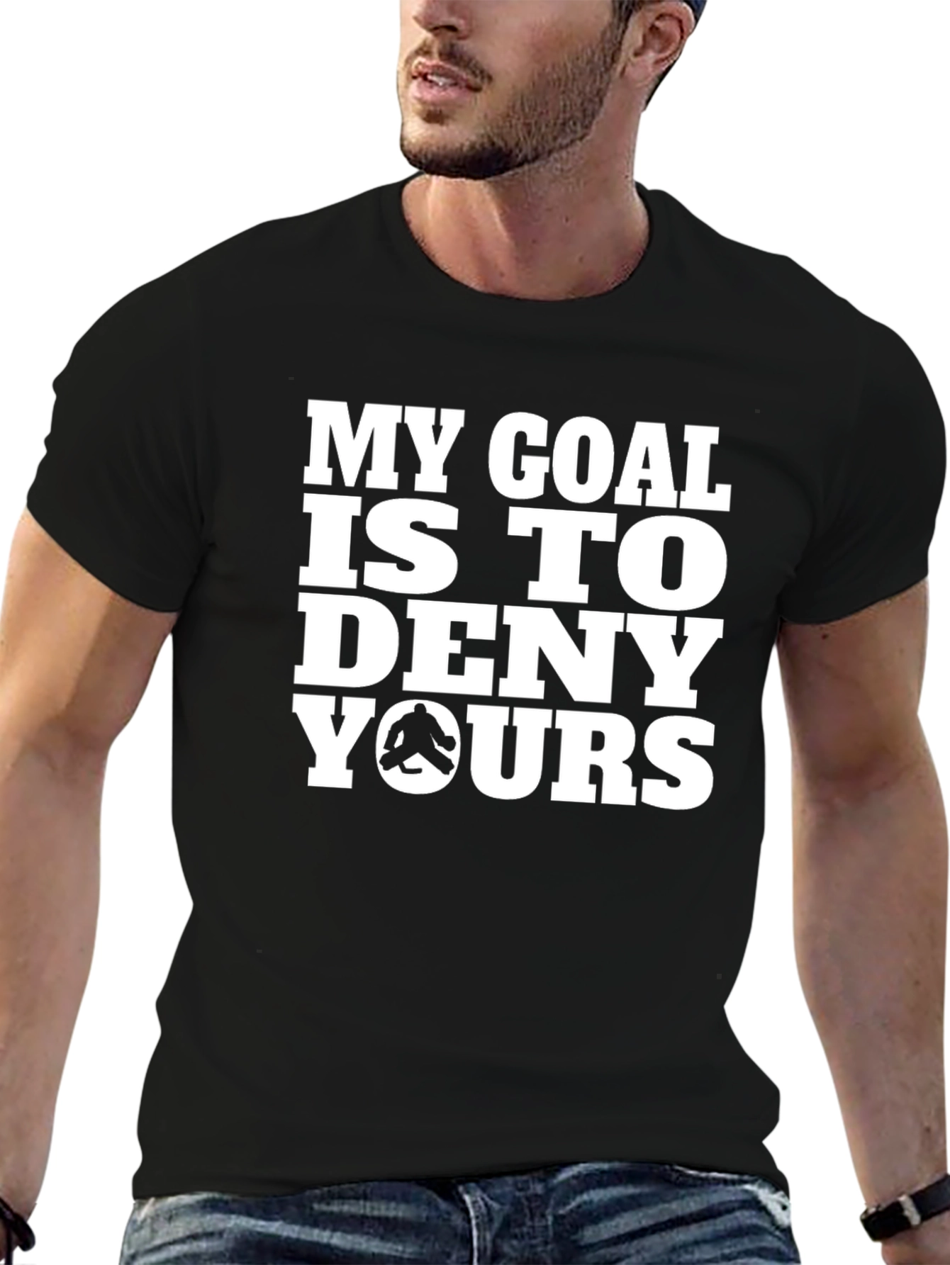 Black Funny Hockey Goalie T-Shirt - My Goal is to Deny Yours view 6