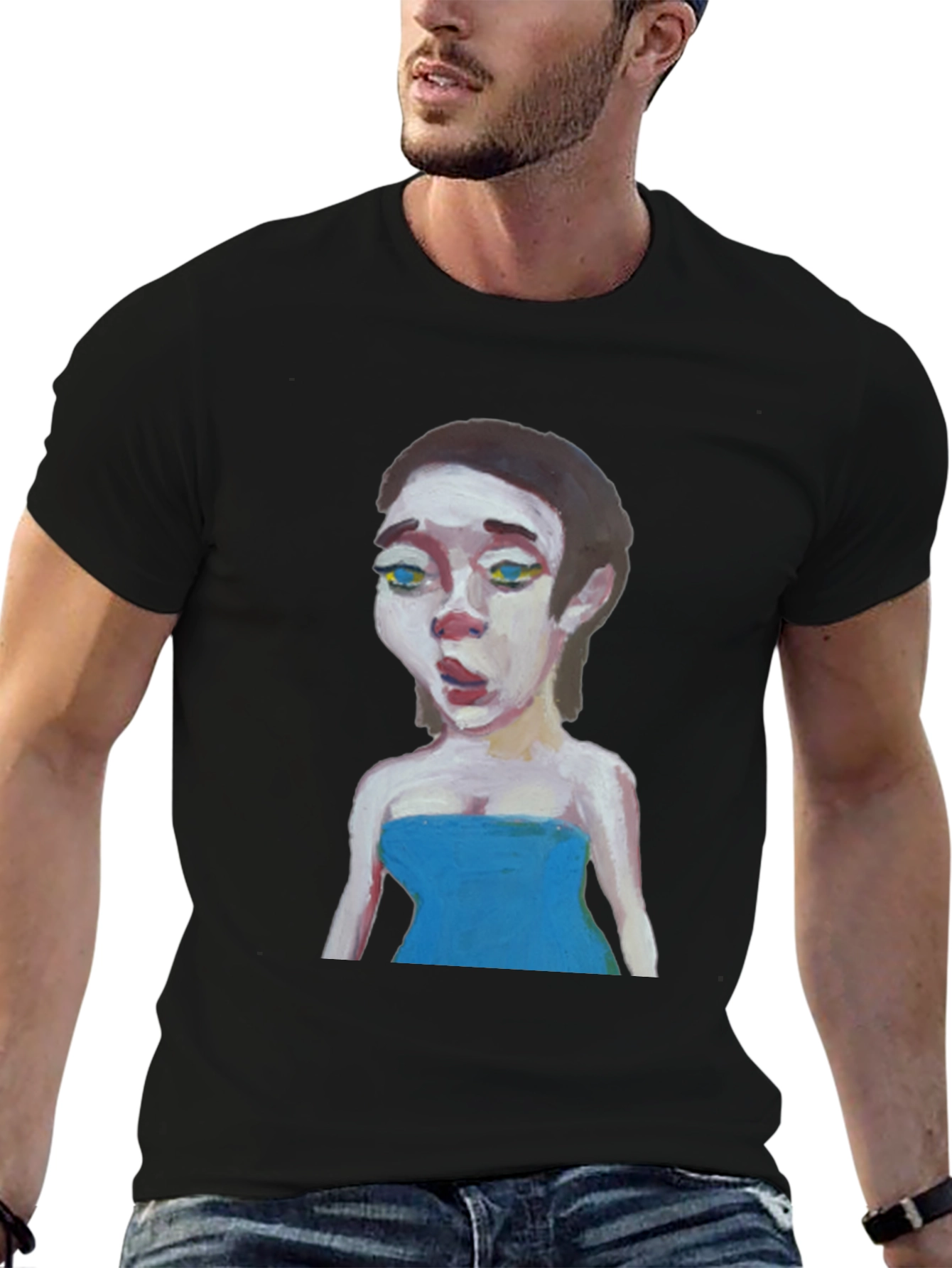 Black Painted Portrait Graphic Tee - Unique Art Shirt view 6