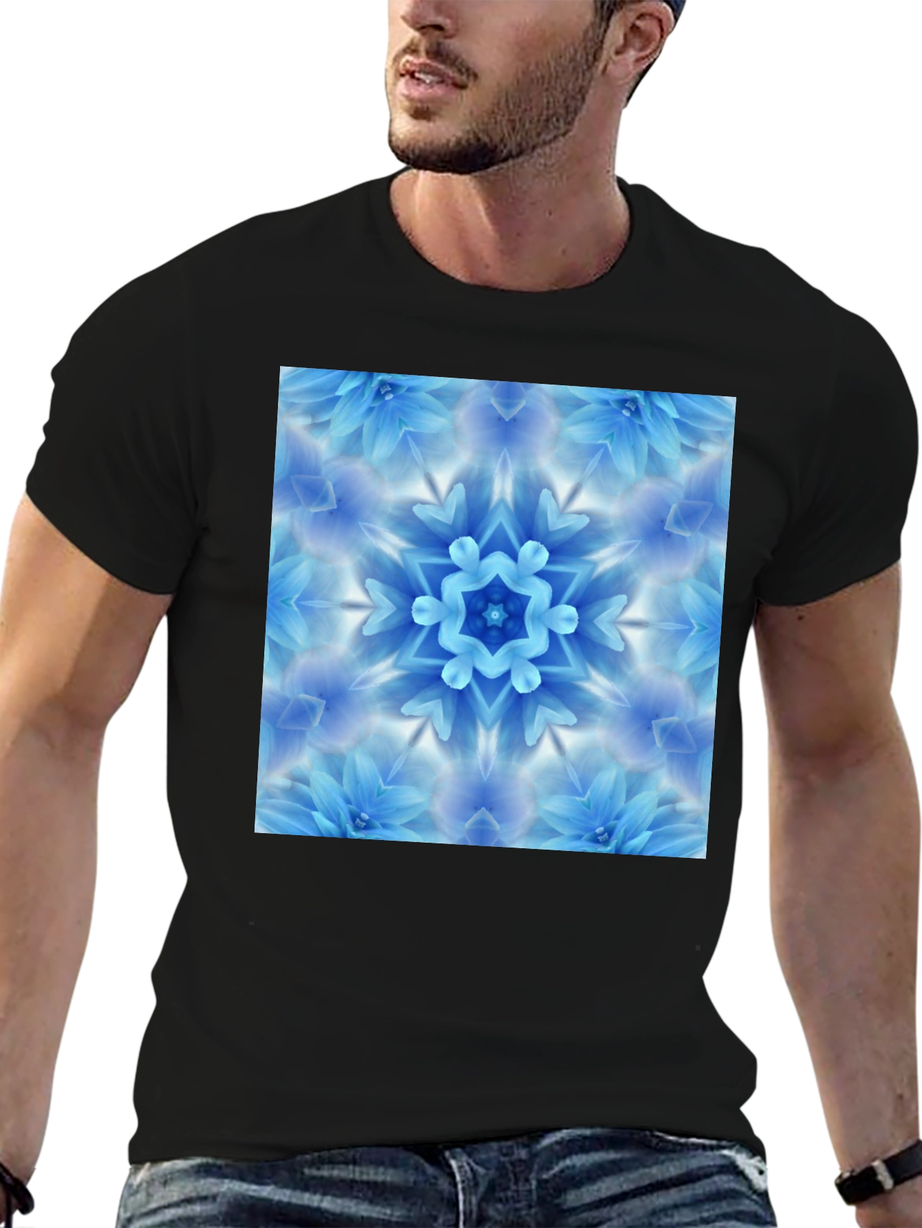 Black Black Tee with Blue Flower Mandala Graphic view 6