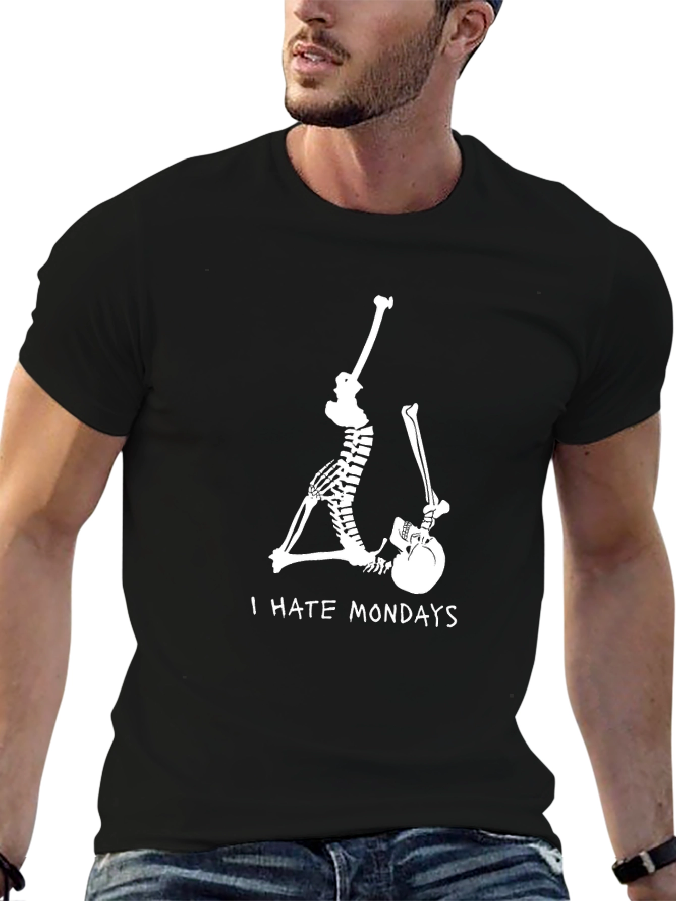 Black Skeleton 'I Hate Mondays' Black Graphic Tee view 6