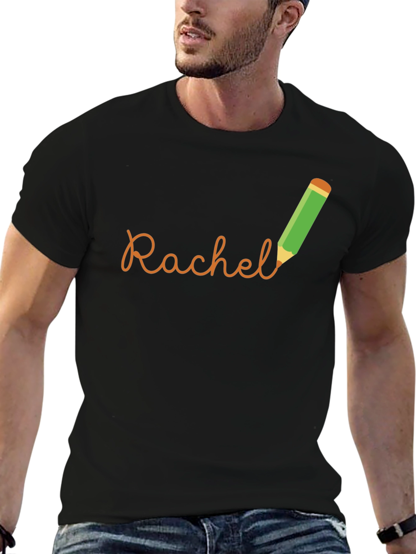 Black Personalized Rachel Pencil Name T-Shirt view 6